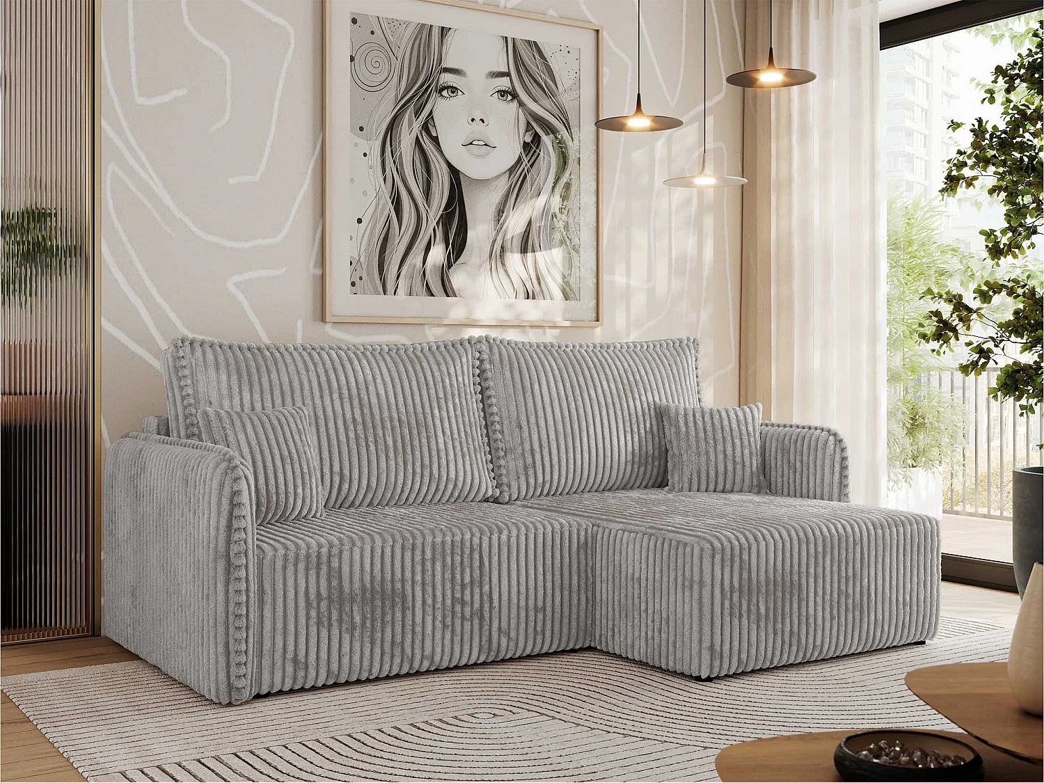 Ecksofa MESTO - Schlaffunktion und Bettkasten, L-form Couch für das Wohnzimmer, Armlehnen - Hellgrau Cord - Ecke Rechts