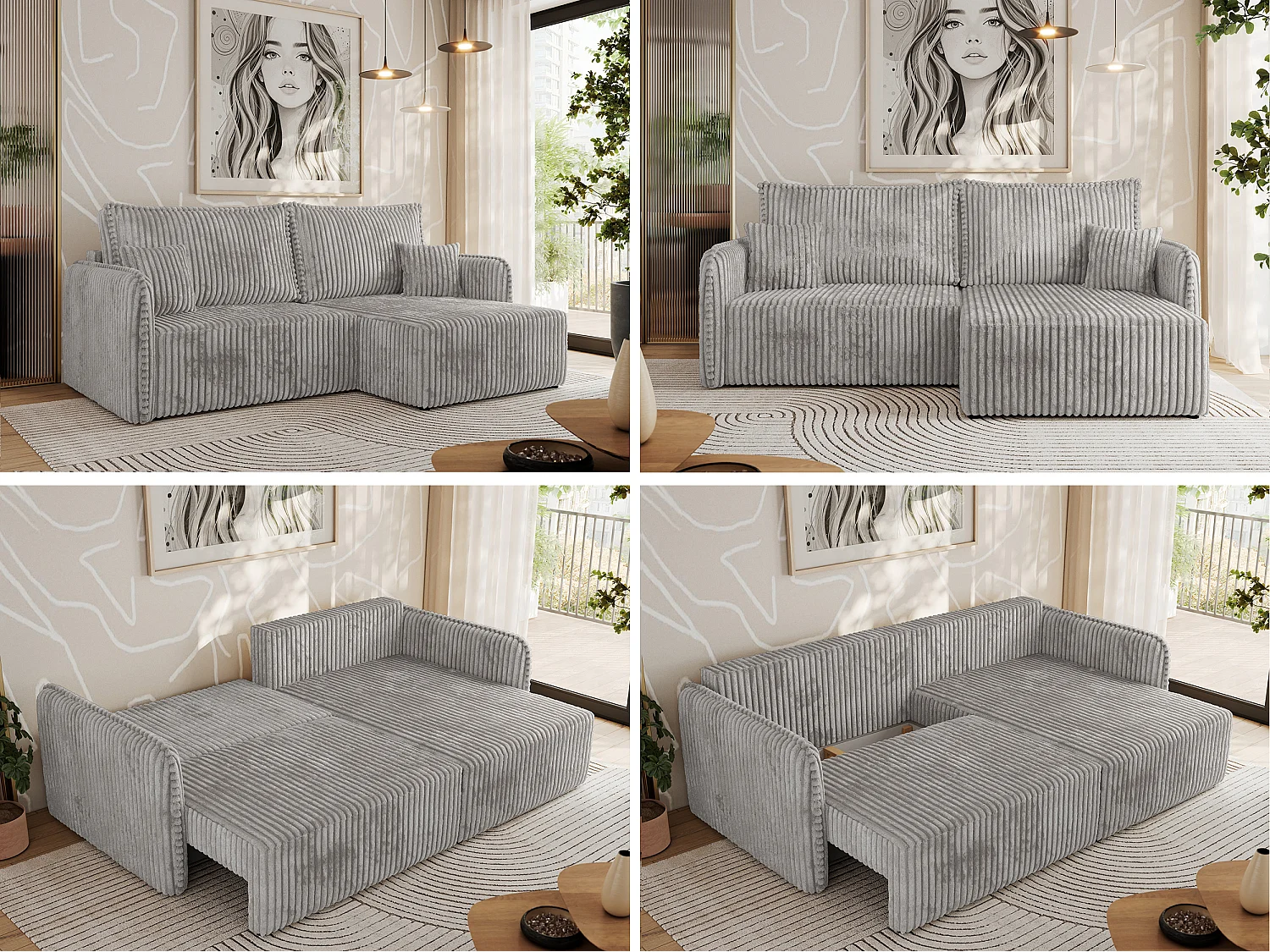 Ecksofa MESTO - Schlaffunktion und Bettkasten, L-form Couch für das Wohnzimmer, Armlehnen - Hellgrau Cord - Ecke Rechts