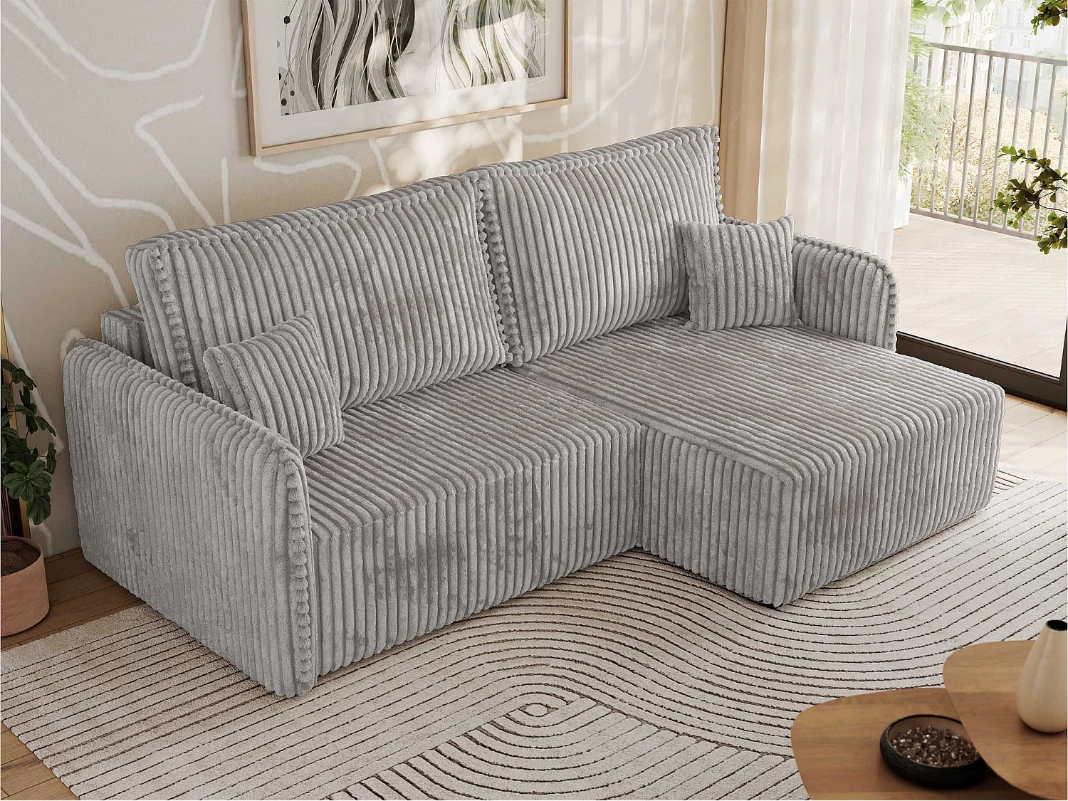 Ecksofa MESTO - Schlaffunktion und Bettkasten, L-form Couch für das Wohnzimmer, Armlehnen - Hellgrau Cord - Ecke Rechts