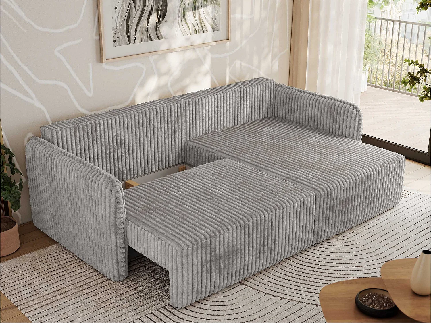 Ecksofa MESTO - Schlaffunktion und Bettkasten, L-form Couch für das Wohnzimmer, Armlehnen - Hellgrau Cord - Ecke Rechts