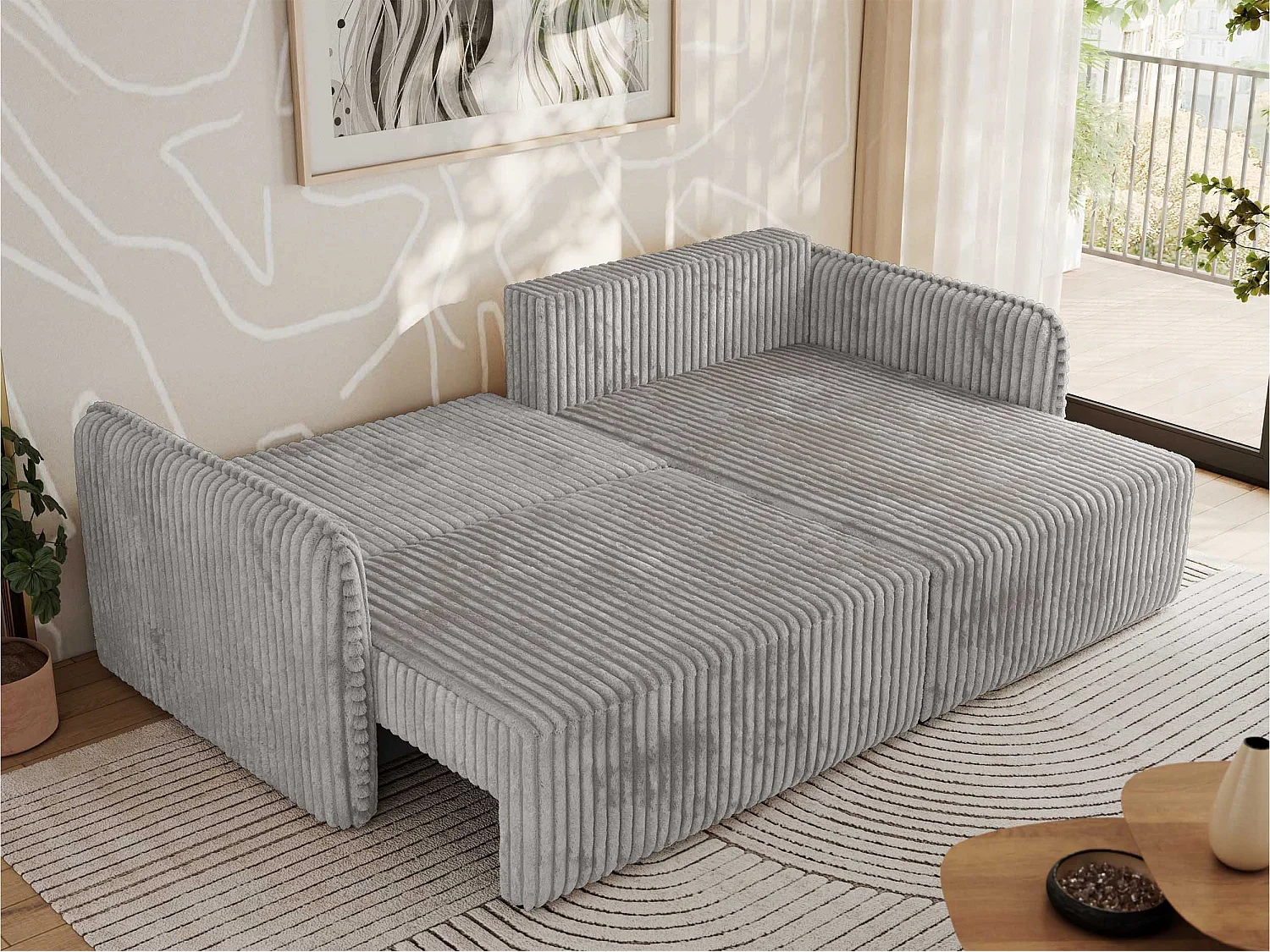 Ecksofa MESTO - Schlaffunktion und Bettkasten, L-form Couch für das Wohnzimmer, Armlehnen - Hellgrau Cord - Ecke Rechts