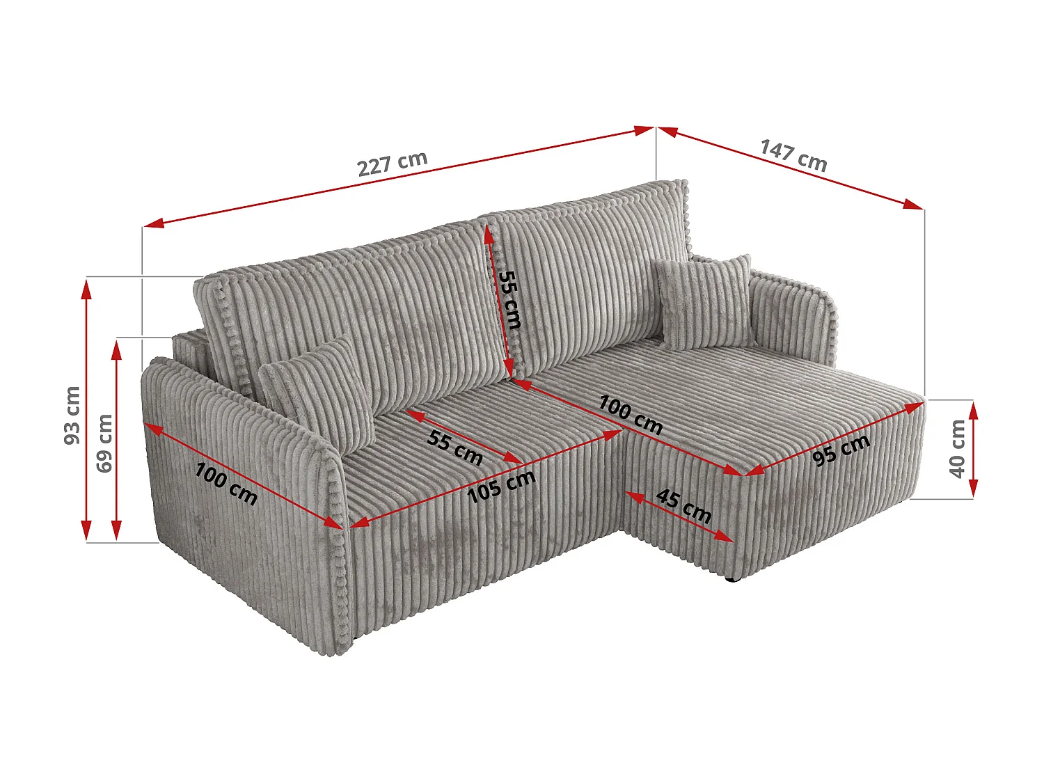 Ecksofa MESTO - Schlaffunktion und Bettkasten, L-form Couch für das Wohnzimmer, Armlehnen - Hellgrau Cord - Ecke Rechts