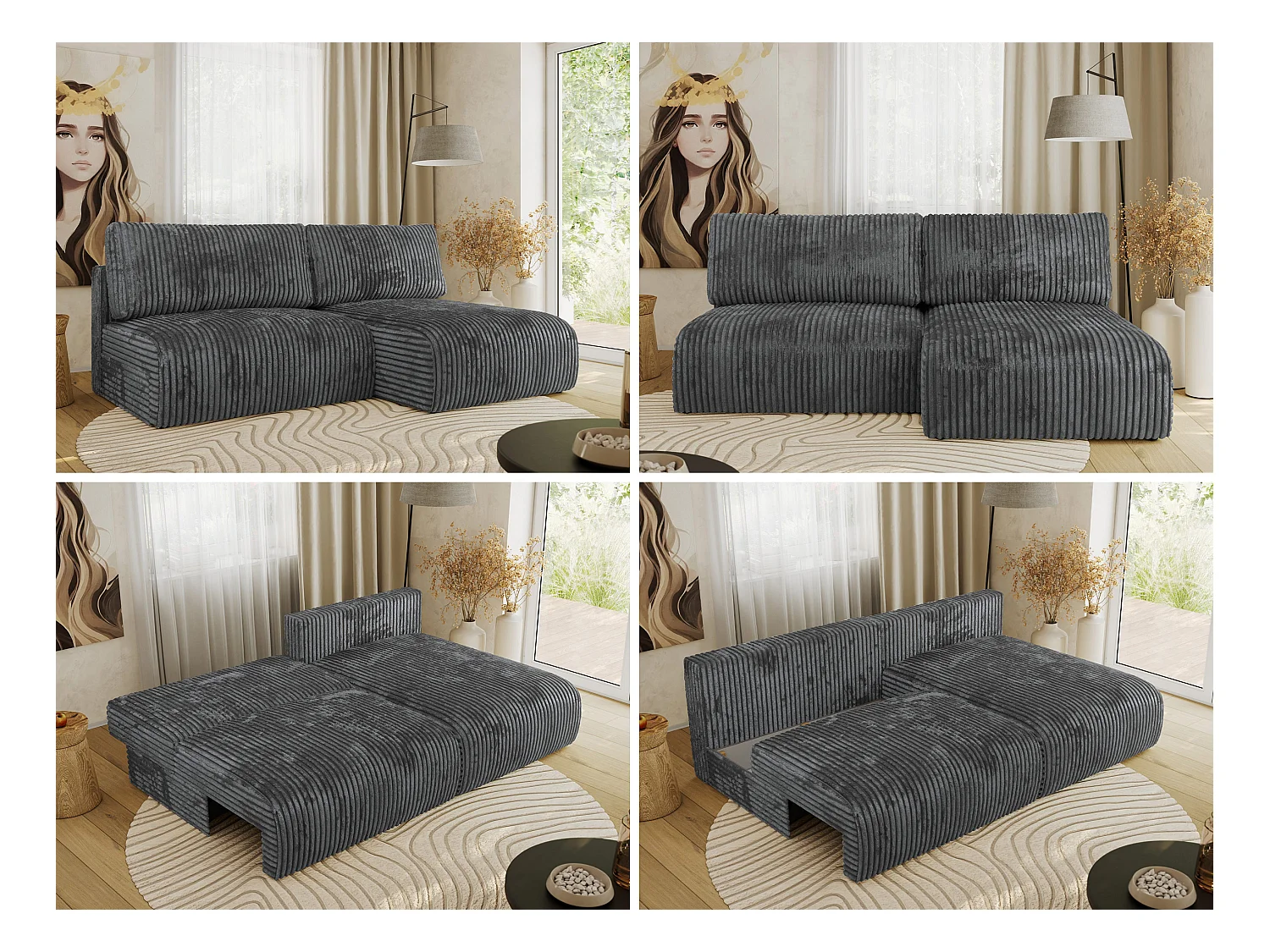 Ecksofa VIVO - L-form Couch mit Schlaffunktion und Bettkasten, Wellenfeder - Dunkelgrau Cord - Ecke Rechts