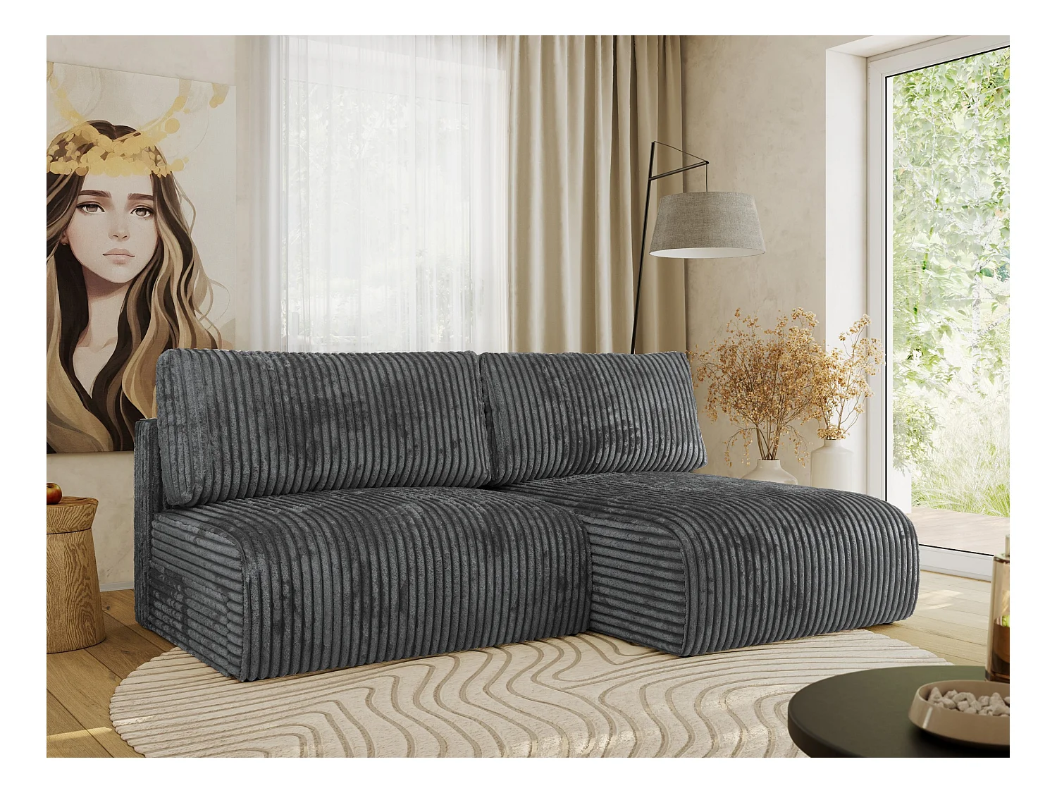 Ecksofa VIVO - L-form Couch mit Schlaffunktion und Bettkasten, Wellenfeder - Dunkelgrau Cord - Ecke Rechts