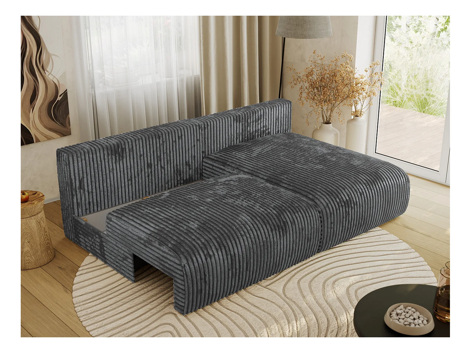 Ecksofa VIVO - L-form Couch mit Schlaffunktion und Bettkasten, Wellenfeder - Dunkelgrau Cord - Ecke Rechts