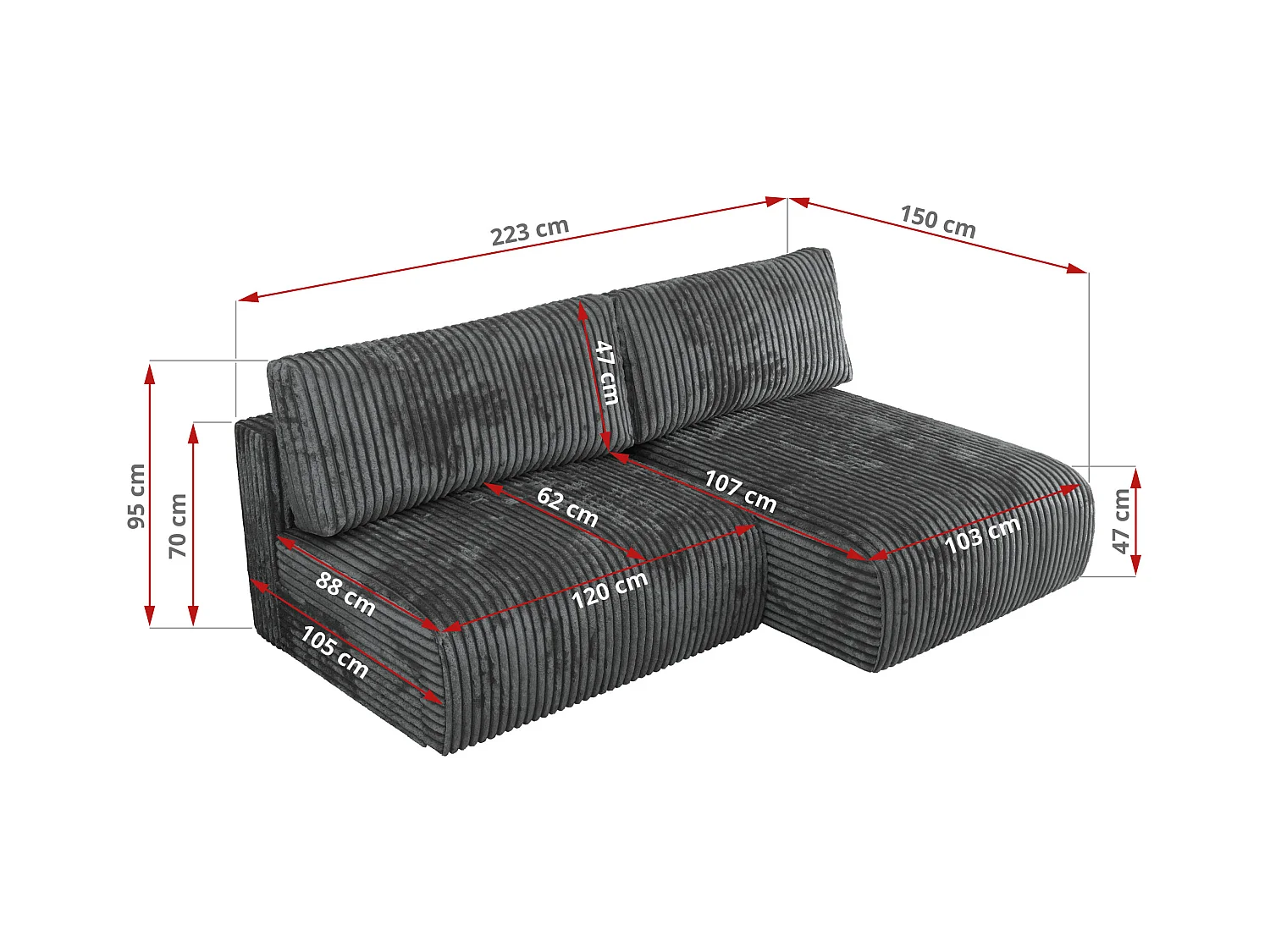 Ecksofa VIVO - L-form Couch mit Schlaffunktion und Bettkasten, Wellenfeder - Dunkelgrau Cord - Ecke Rechts