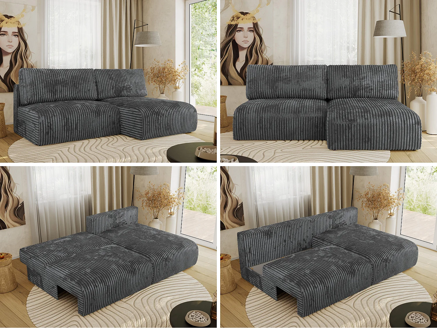Ecksofa VIVO - L-form Couch mit Schlaffunktion und Bettkasten, Wellenfeder - Dunkelgrau Cord - Ecke Rechts