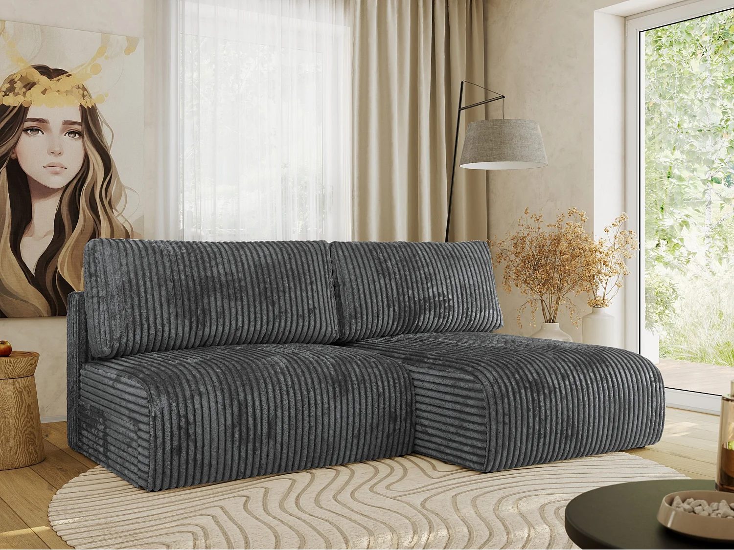 Ecksofa VIVO - L-form Couch mit Schlaffunktion und Bettkasten, Wellenfeder - Dunkelgrau Cord - Ecke Rechts