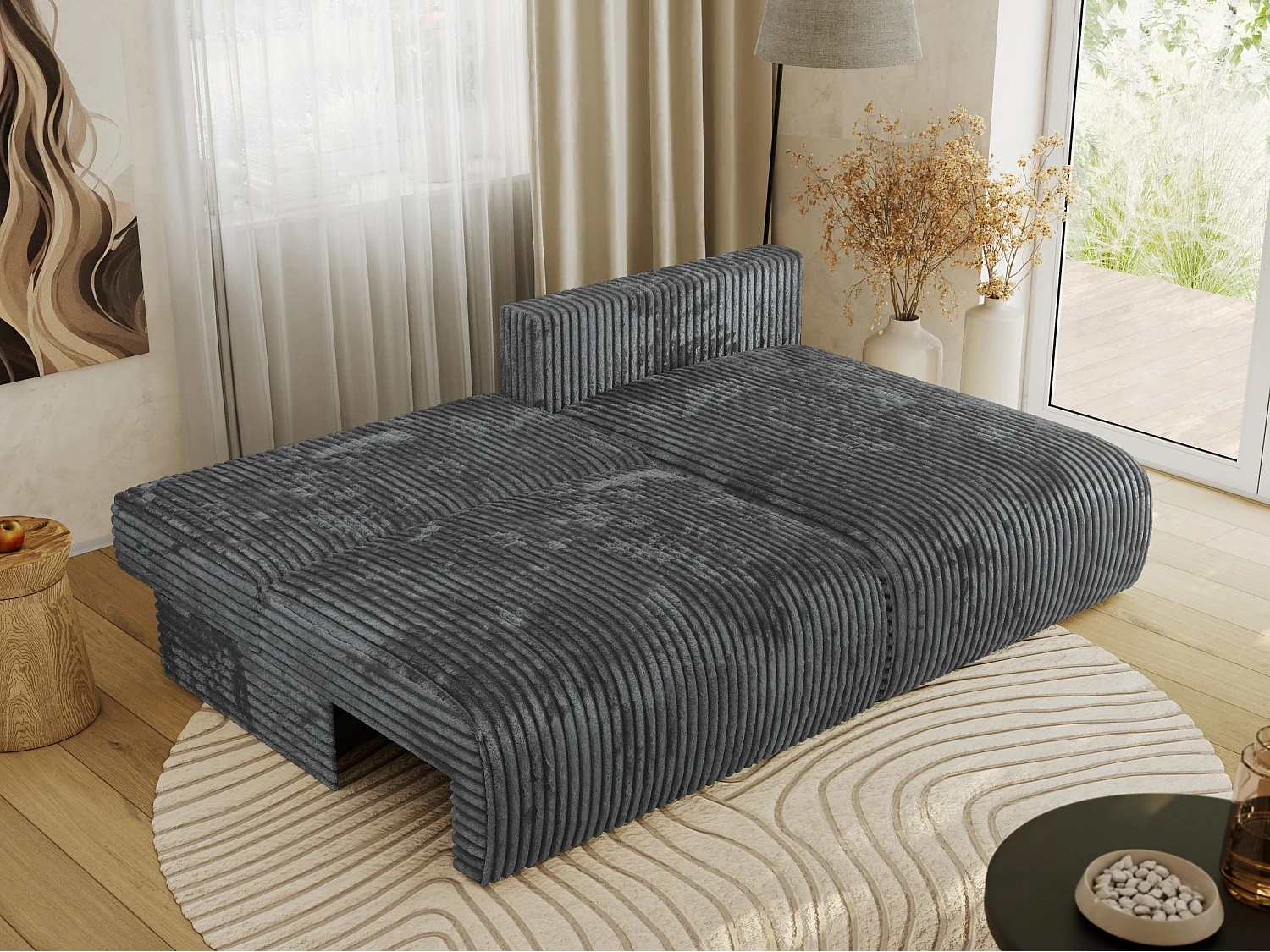 Ecksofa VIVO - L-form Couch mit Schlaffunktion und Bettkasten, Wellenfeder - Dunkelgrau Cord - Ecke Rechts