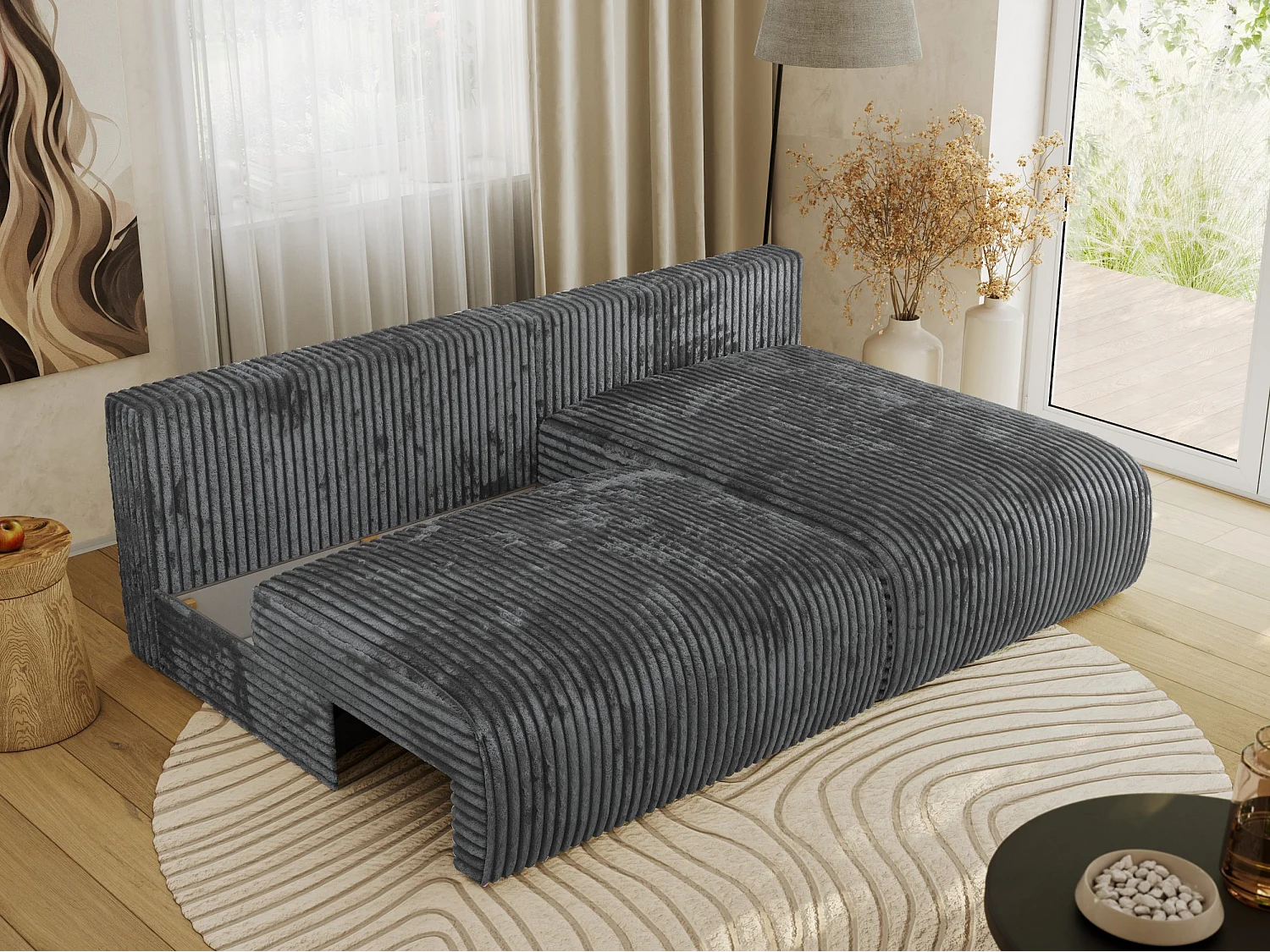 Ecksofa VIVO - L-form Couch mit Schlaffunktion und Bettkasten, Wellenfeder - Dunkelgrau Cord - Ecke Rechts