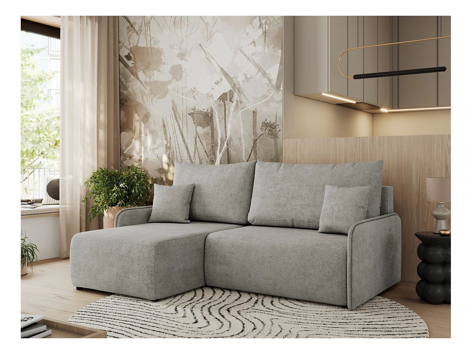 Ecksofa ARPA - L-form Schlaffsofa, Bettkasten und lose Kissen, Armlehnen - Hellgrau Struktur - Ecke Links