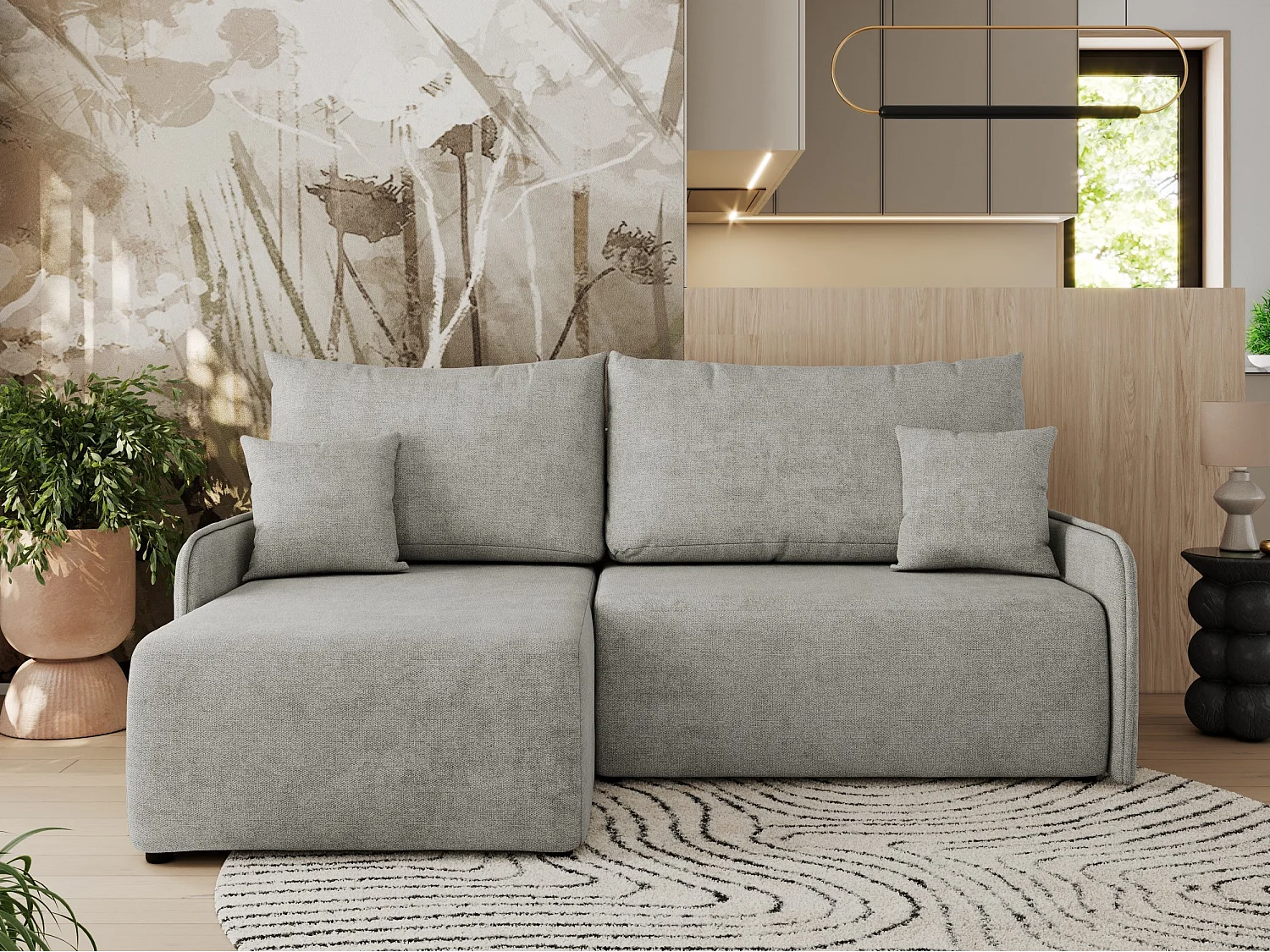 Ecksofa ARPA - L-form Schlaffsofa, Bettkasten und lose Kissen, Armlehnen - Hellgrau Struktur - Ecke Links