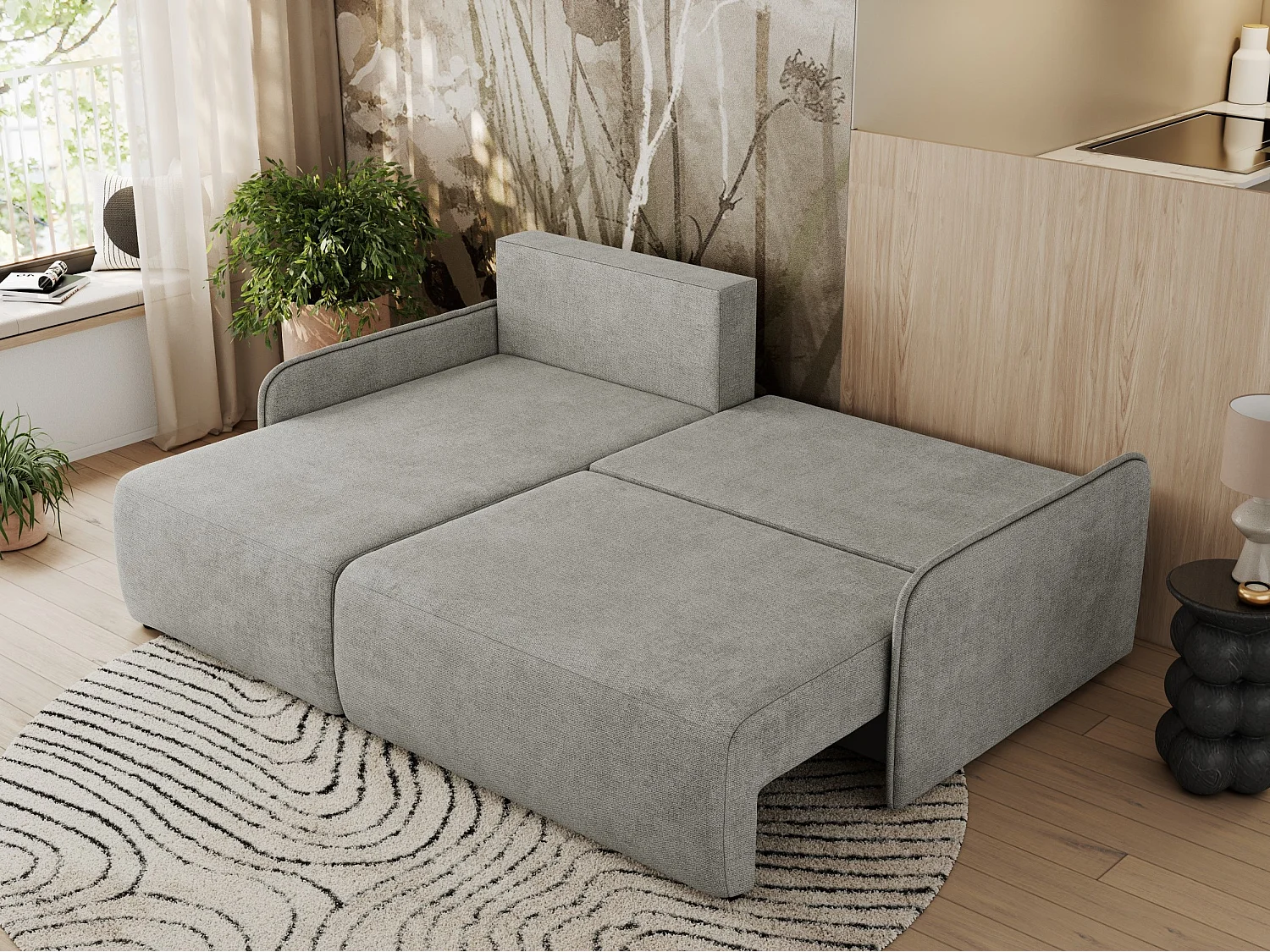 Ecksofa ARPA - L-form Schlaffsofa, Bettkasten und lose Kissen, Armlehnen - Hellgrau Struktur - Ecke Links