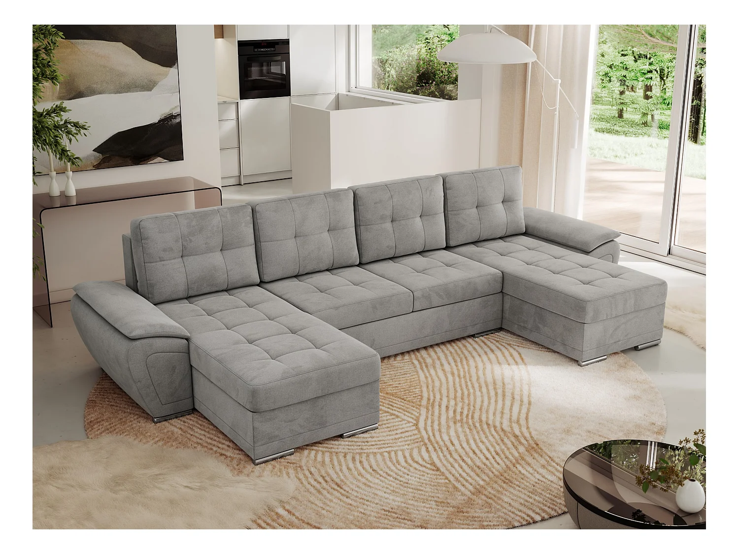 Ecksofa UMBRIA U - XXL Wohnlandschaft, mit Schlaffunktion und Bettkasten, genähte Ecke - Hellgrau Velvet