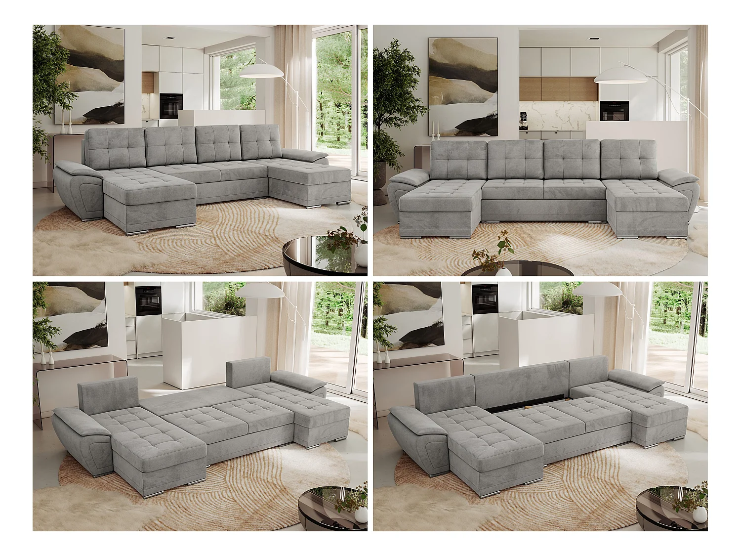 Ecksofa UMBRIA U - XXL Wohnlandschaft, mit Schlaffunktion und Bettkasten, genähte Ecke - Hellgrau Velvet