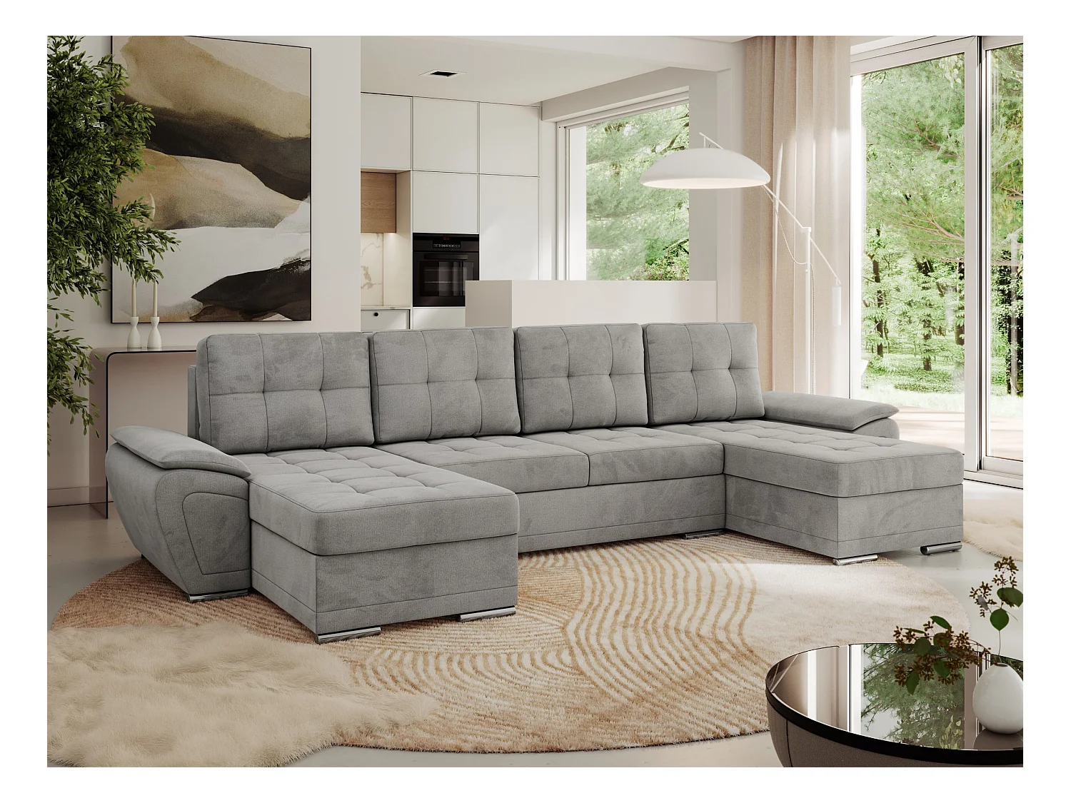 Ecksofa UMBRIA U - XXL Wohnlandschaft, mit Schlaffunktion und Bettkasten, genähte Ecke - Hellgrau Velvet