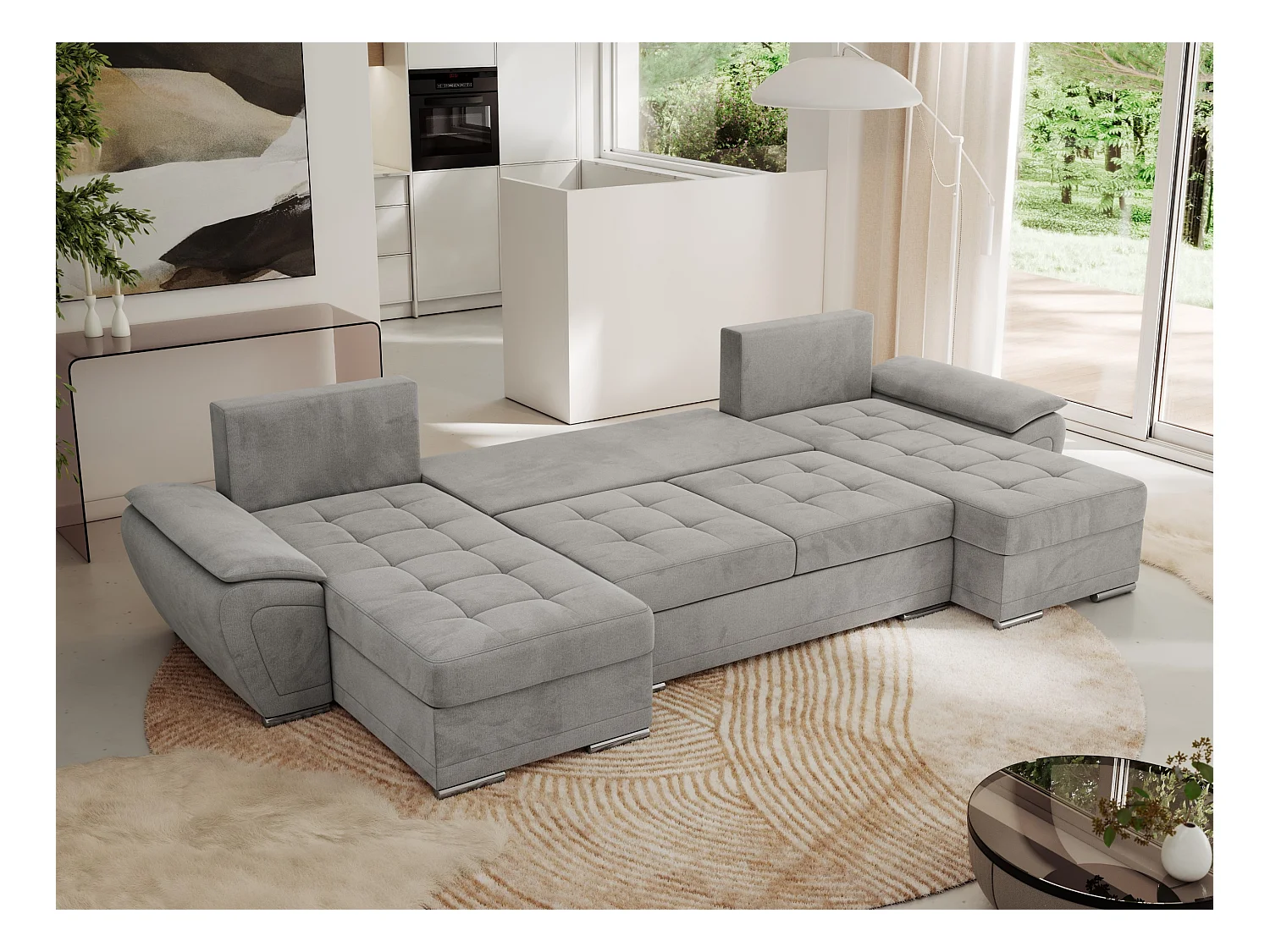 Ecksofa UMBRIA U - XXL Wohnlandschaft, mit Schlaffunktion und Bettkasten, genähte Ecke - Hellgrau Velvet