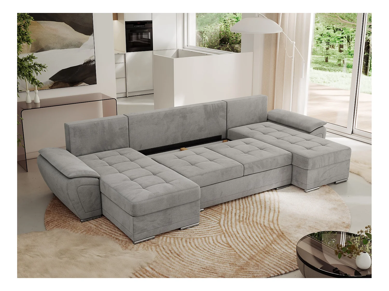 Ecksofa UMBRIA U - XXL Wohnlandschaft, mit Schlaffunktion und Bettkasten, genähte Ecke - Hellgrau Velvet