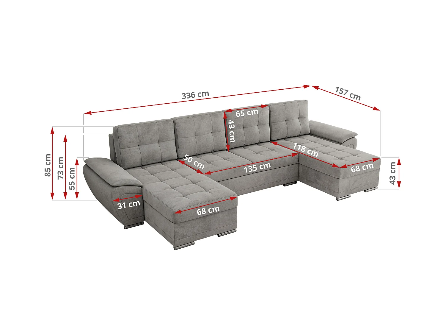 Ecksofa UMBRIA U - XXL Wohnlandschaft, mit Schlaffunktion und Bettkasten, genähte Ecke - Hellgrau Velvet