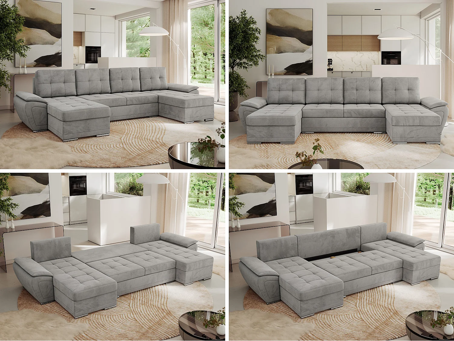 Ecksofa UMBRIA U - XXL Wohnlandschaft, mit Schlaffunktion und Bettkasten, genähte Ecke - Hellgrau Velvet