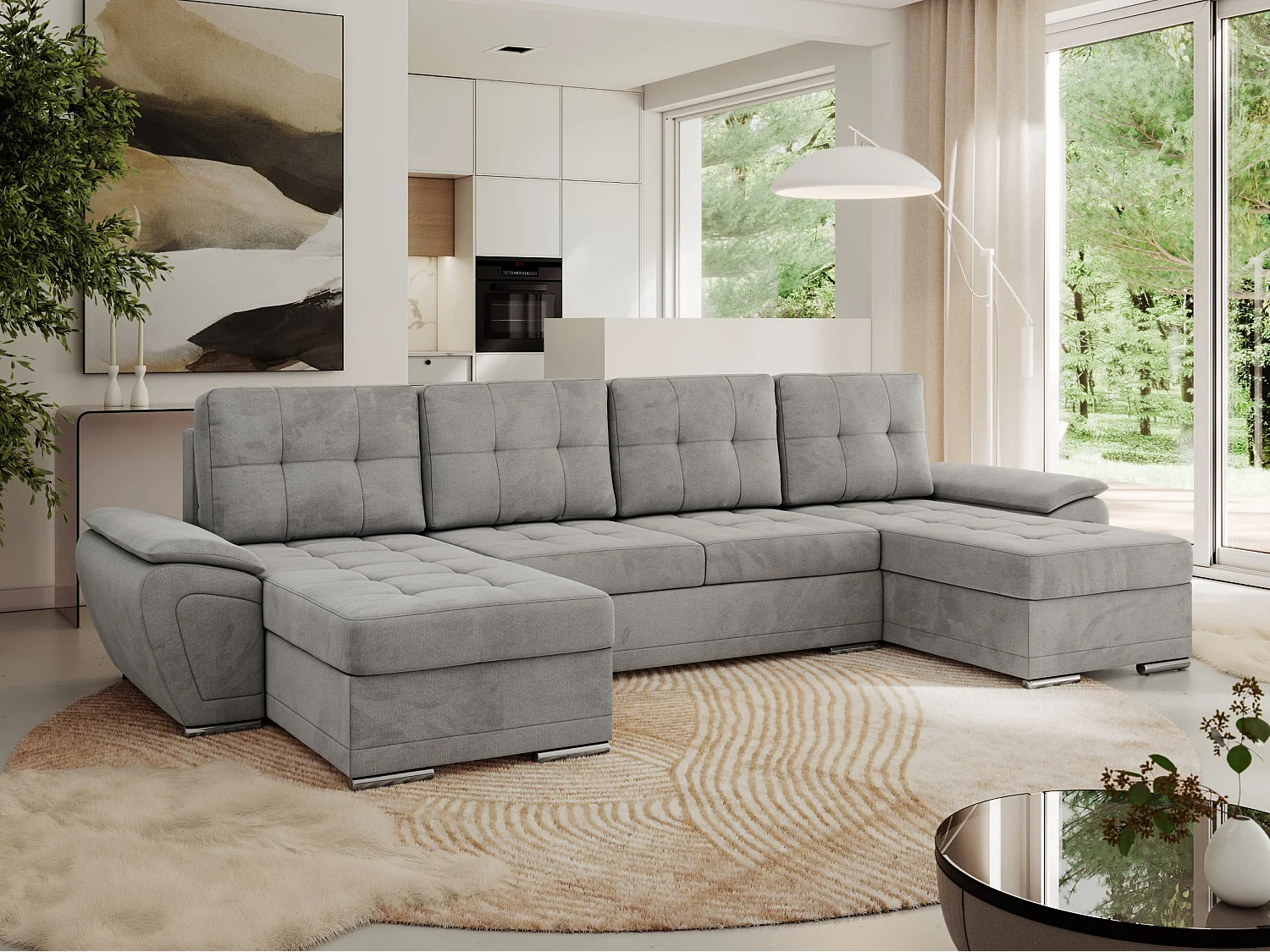 Ecksofa UMBRIA U - XXL Wohnlandschaft, mit Schlaffunktion und Bettkasten, genähte Ecke - Hellgrau Velvet