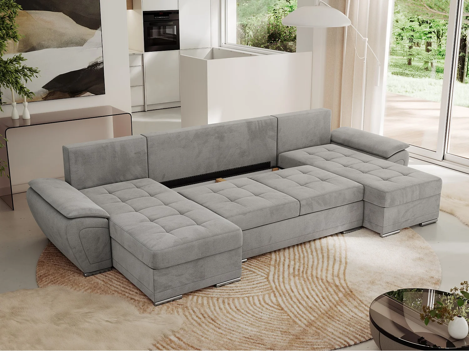 Ecksofa UMBRIA U - XXL Wohnlandschaft, mit Schlaffunktion und Bettkasten, genähte Ecke - Hellgrau Velvet