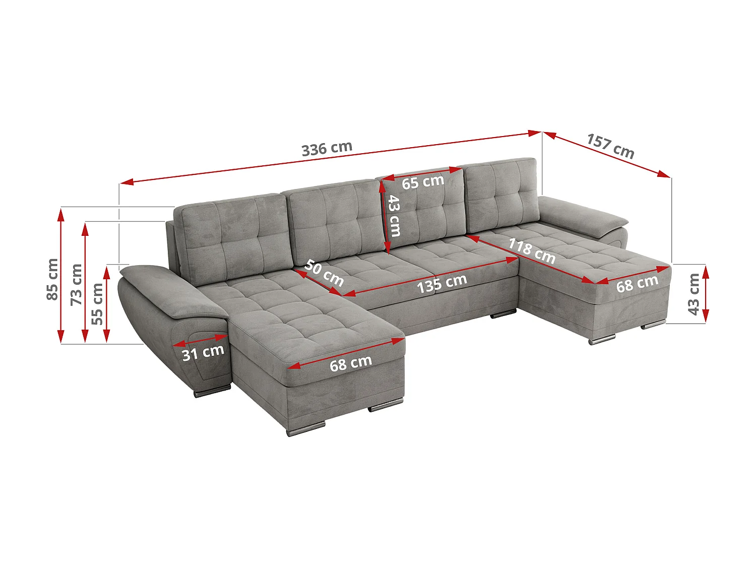 Ecksofa UMBRIA U - XXL Wohnlandschaft, mit Schlaffunktion und Bettkasten, genähte Ecke - Hellgrau Velvet