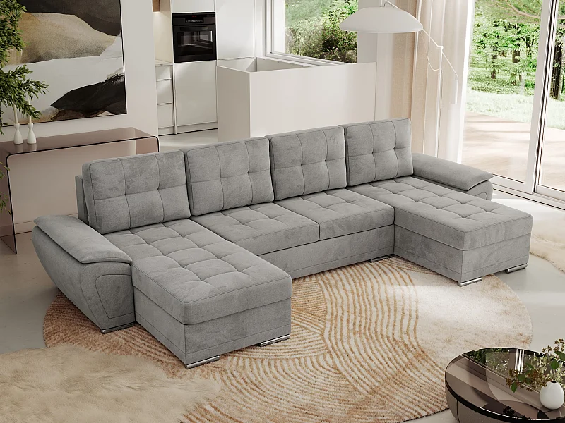 Ecksofa UMBRIA U - XXL Wohnlandschaft, mit Schlaffunktion und Bettkasten, genähte Ecke - Hellgrau Velvet