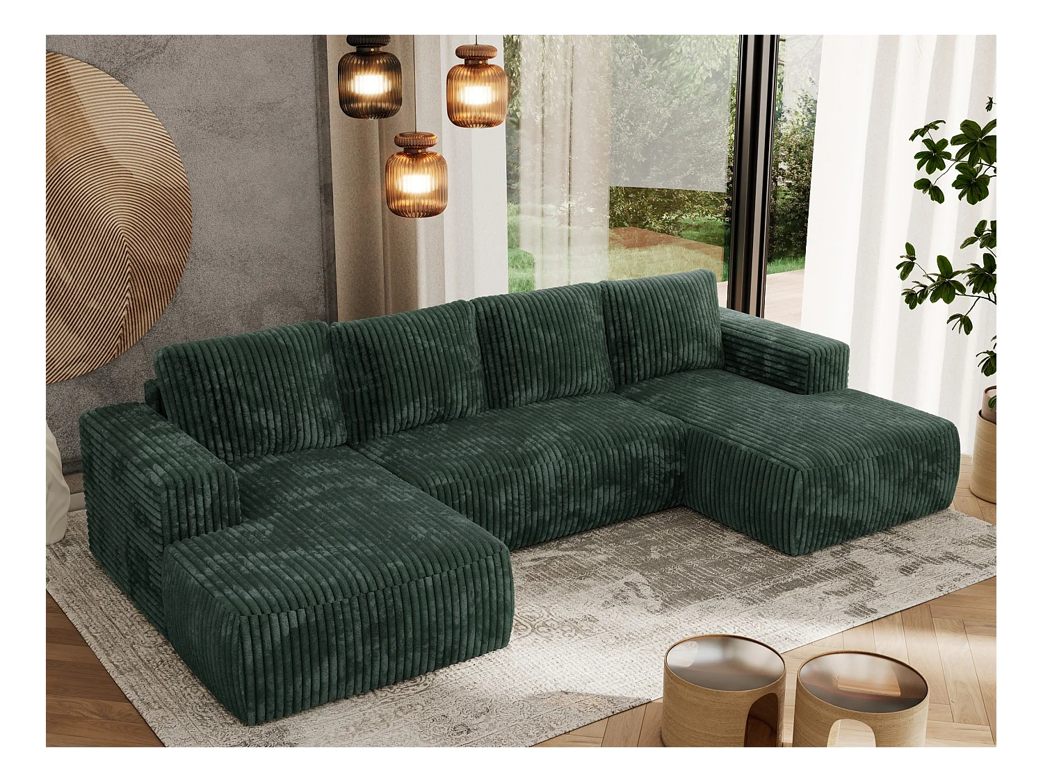 Ecksofa TRENTINO U - mit Schlaffunktion und Bettkasten, U-förmiges Wohnlandschaft, Armlehnen - Grün Cord