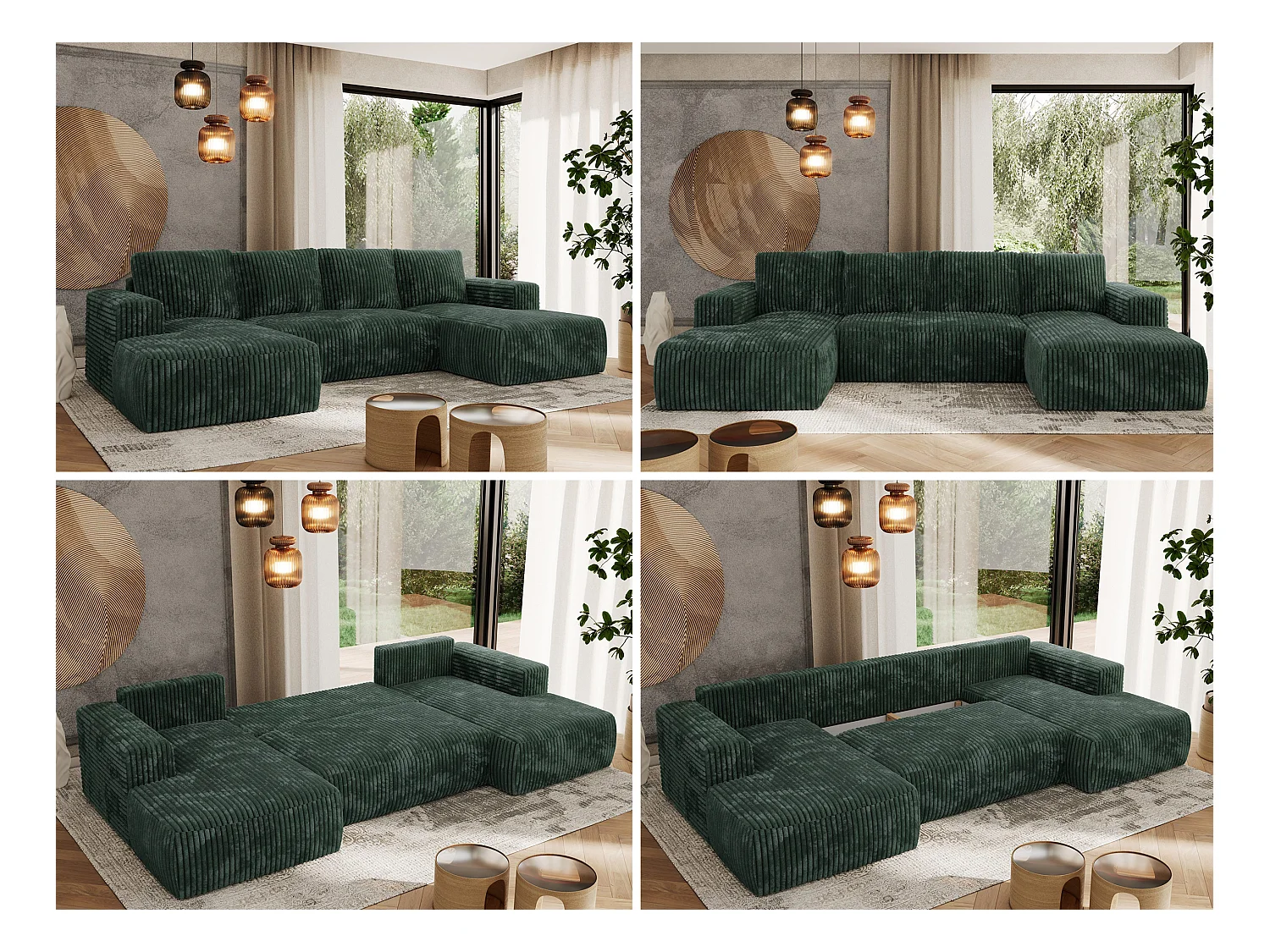 Ecksofa TRENTINO U - mit Schlaffunktion und Bettkasten, U-förmiges Wohnlandschaft, Armlehnen - Grün Cord