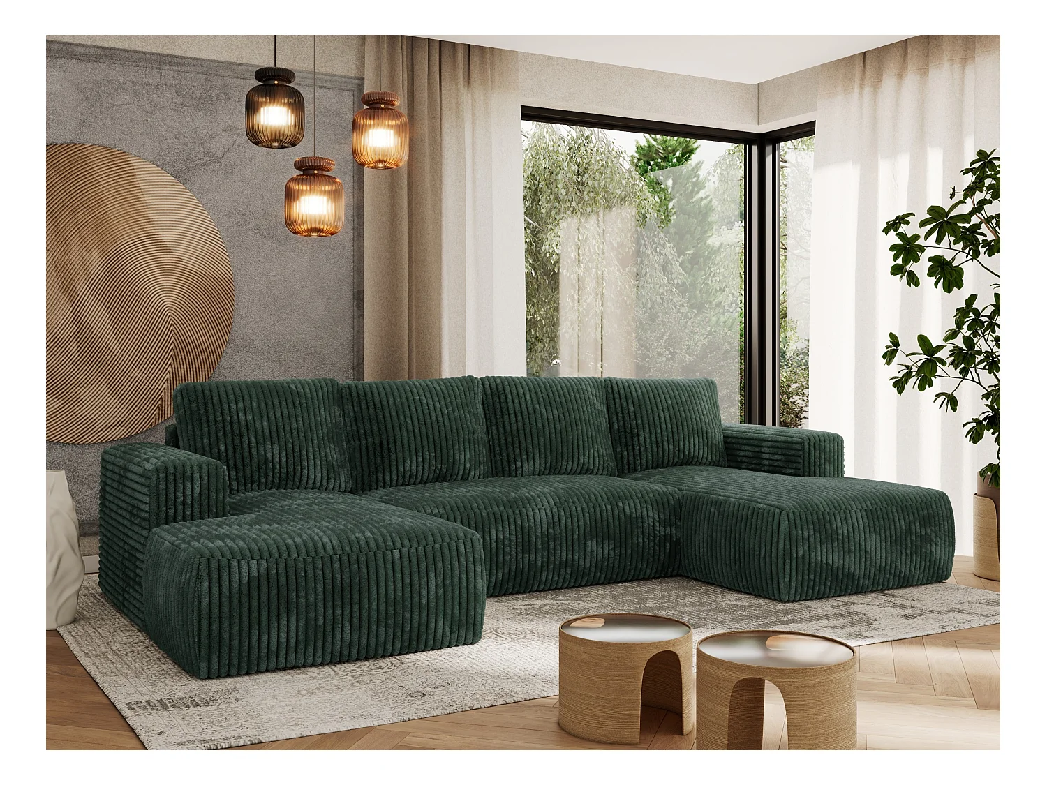 Ecksofa TRENTINO U - mit Schlaffunktion und Bettkasten, U-förmiges Wohnlandschaft, Armlehnen - Grün Cord