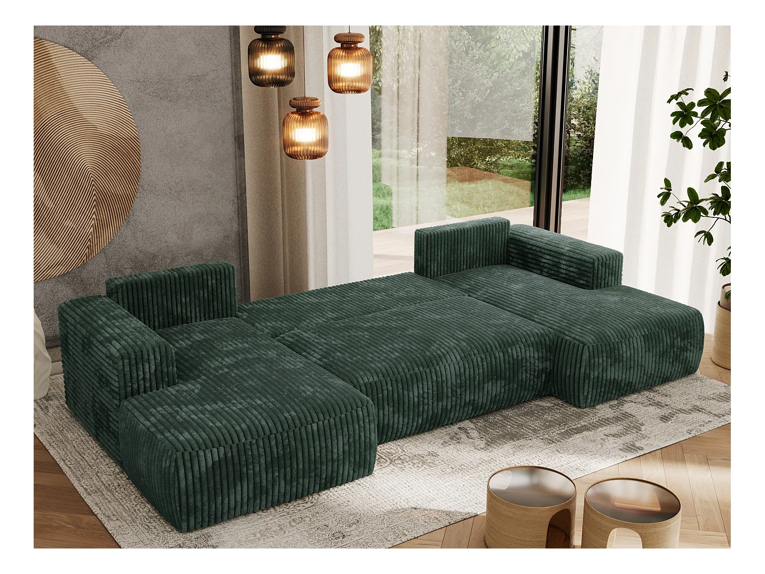 Ecksofa TRENTINO U - mit Schlaffunktion und Bettkasten, U-förmiges Wohnlandschaft, Armlehnen - Grün Cord