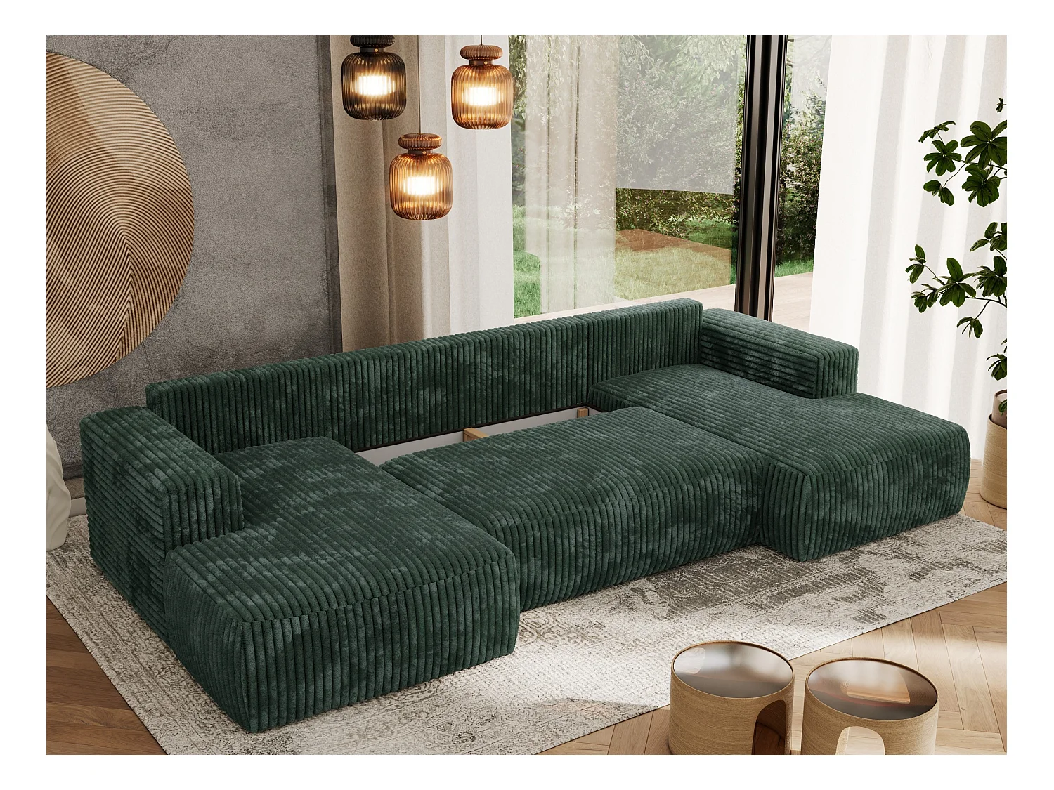 Ecksofa TRENTINO U - mit Schlaffunktion und Bettkasten, U-förmiges Wohnlandschaft, Armlehnen - Grün Cord