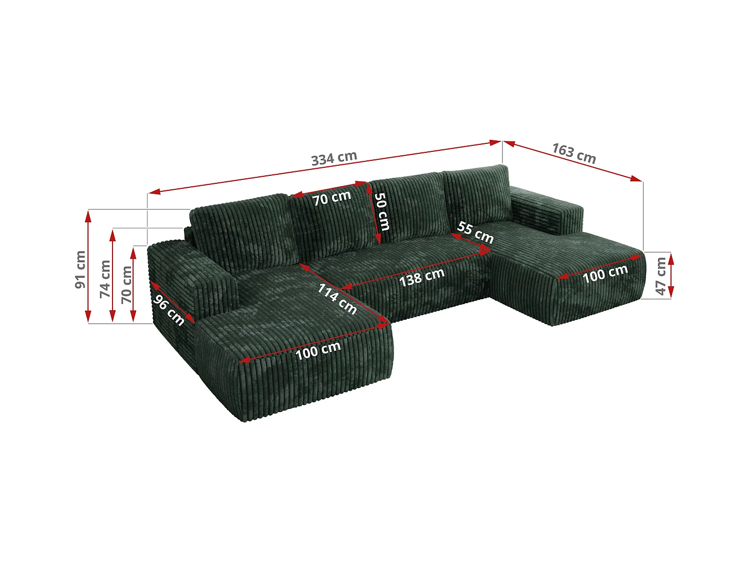 Ecksofa TRENTINO U - mit Schlaffunktion und Bettkasten, U-förmiges Wohnlandschaft, Armlehnen - Grün Cord