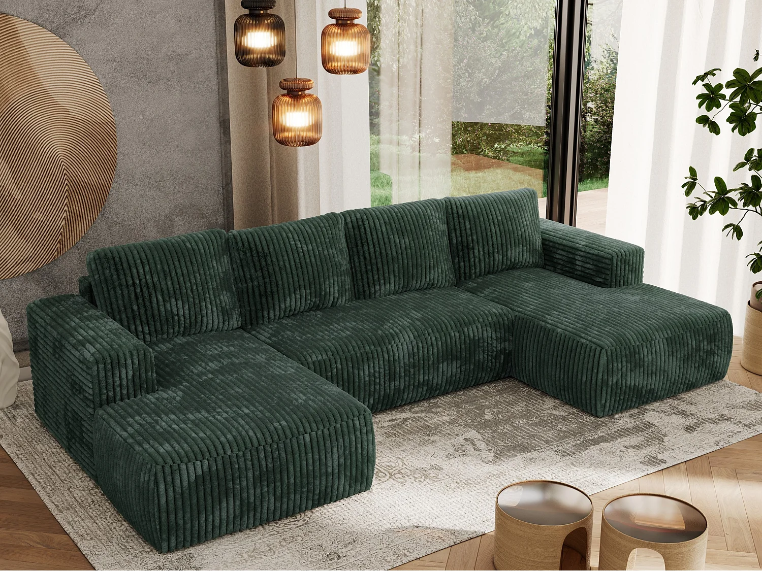 Ecksofa TRENTINO U - mit Schlaffunktion und Bettkasten, U-förmiges Wohnlandschaft, Armlehnen - Grün Cord