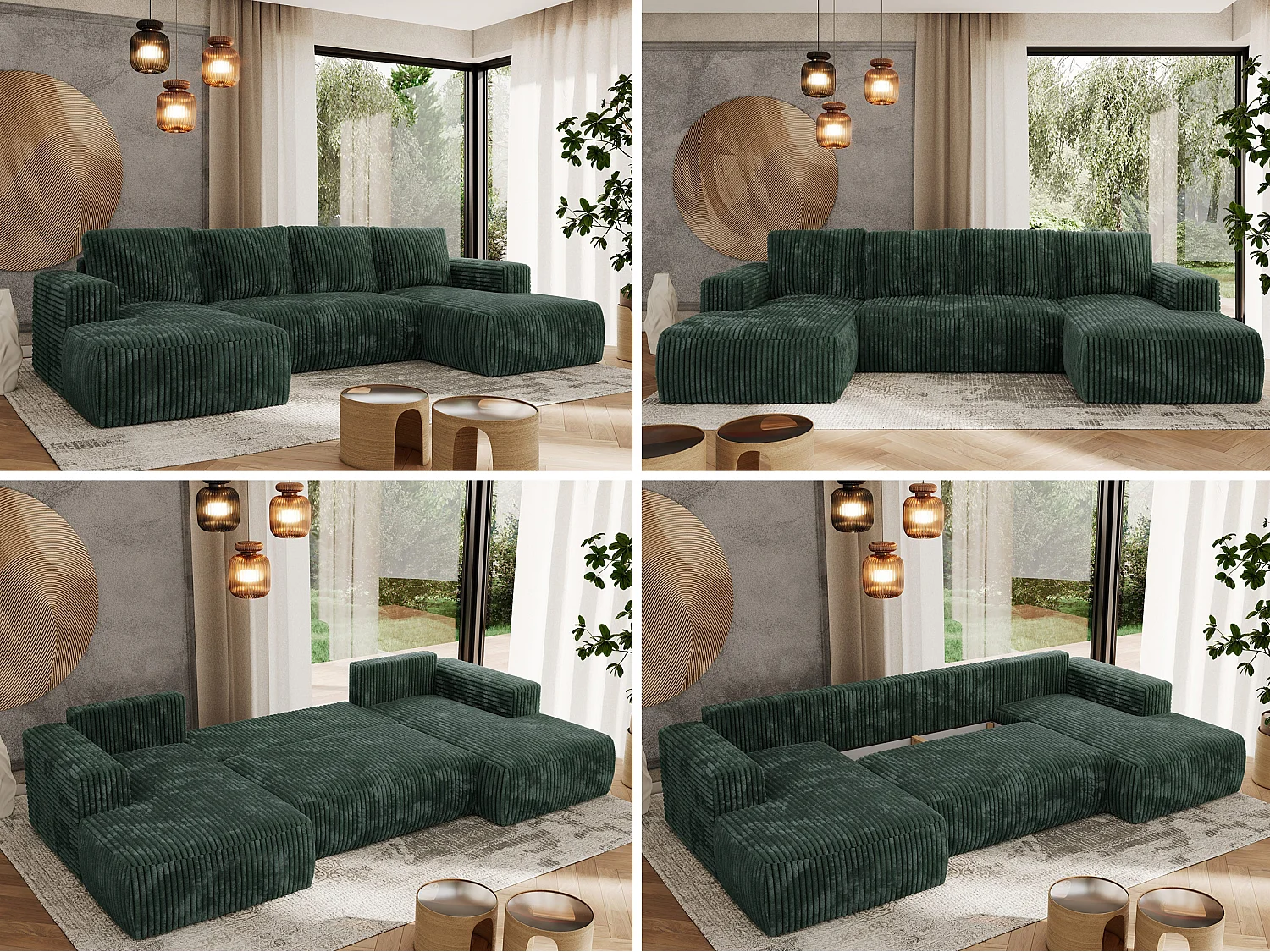 Ecksofa TRENTINO U - mit Schlaffunktion und Bettkasten, U-förmiges Wohnlandschaft, Armlehnen - Grün Cord