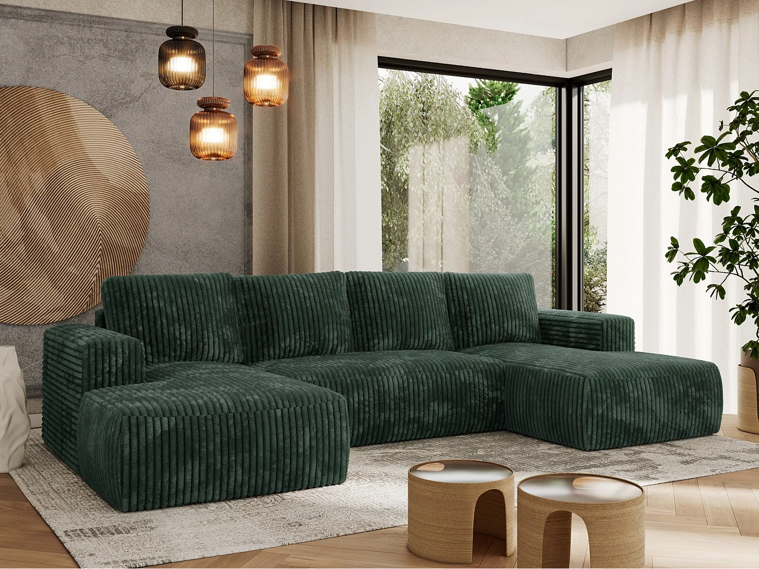 Ecksofa TRENTINO U - mit Schlaffunktion und Bettkasten, U-förmiges Wohnlandschaft, Armlehnen - Grün Cord