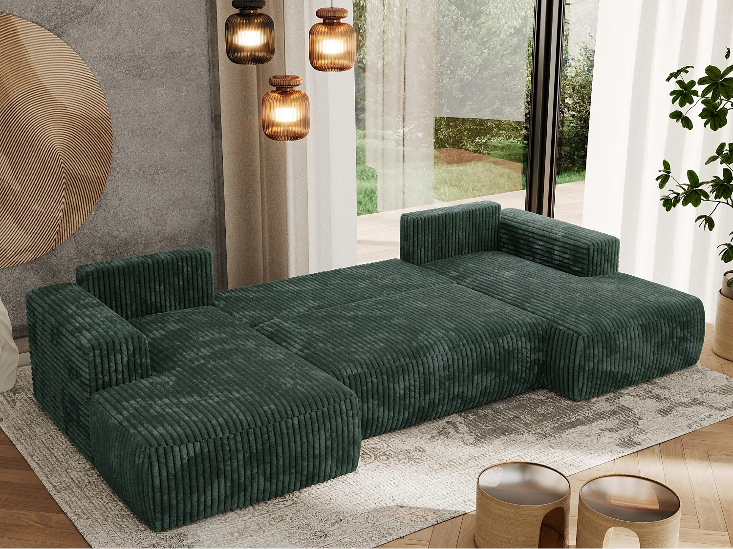 Ecksofa TRENTINO U - mit Schlaffunktion und Bettkasten, U-förmiges Wohnlandschaft, Armlehnen - Grün Cord