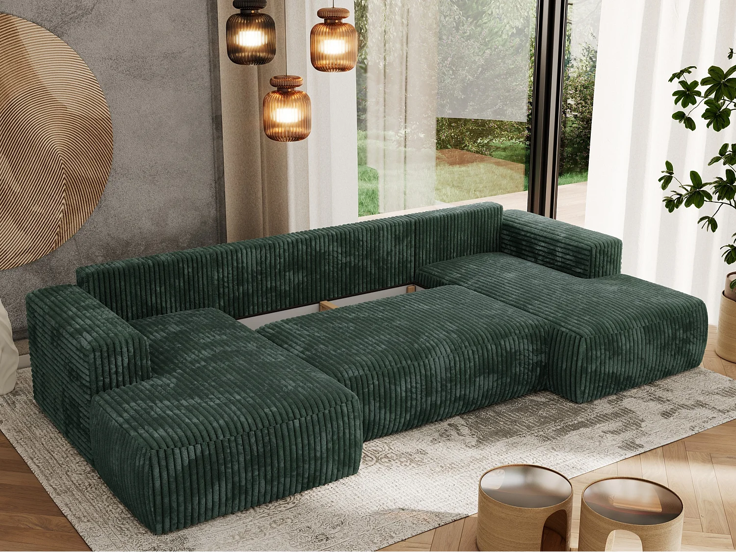 Ecksofa TRENTINO U - mit Schlaffunktion und Bettkasten, U-förmiges Wohnlandschaft, Armlehnen - Grün Cord