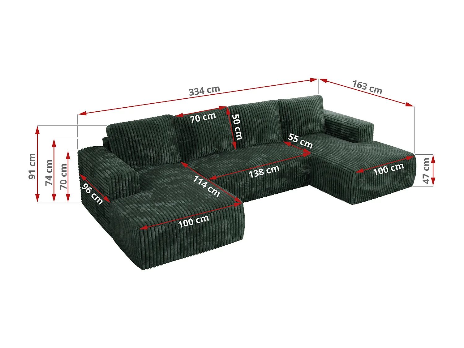 Ecksofa TRENTINO U - mit Schlaffunktion und Bettkasten, U-förmiges Wohnlandschaft, Armlehnen - Grün Cord