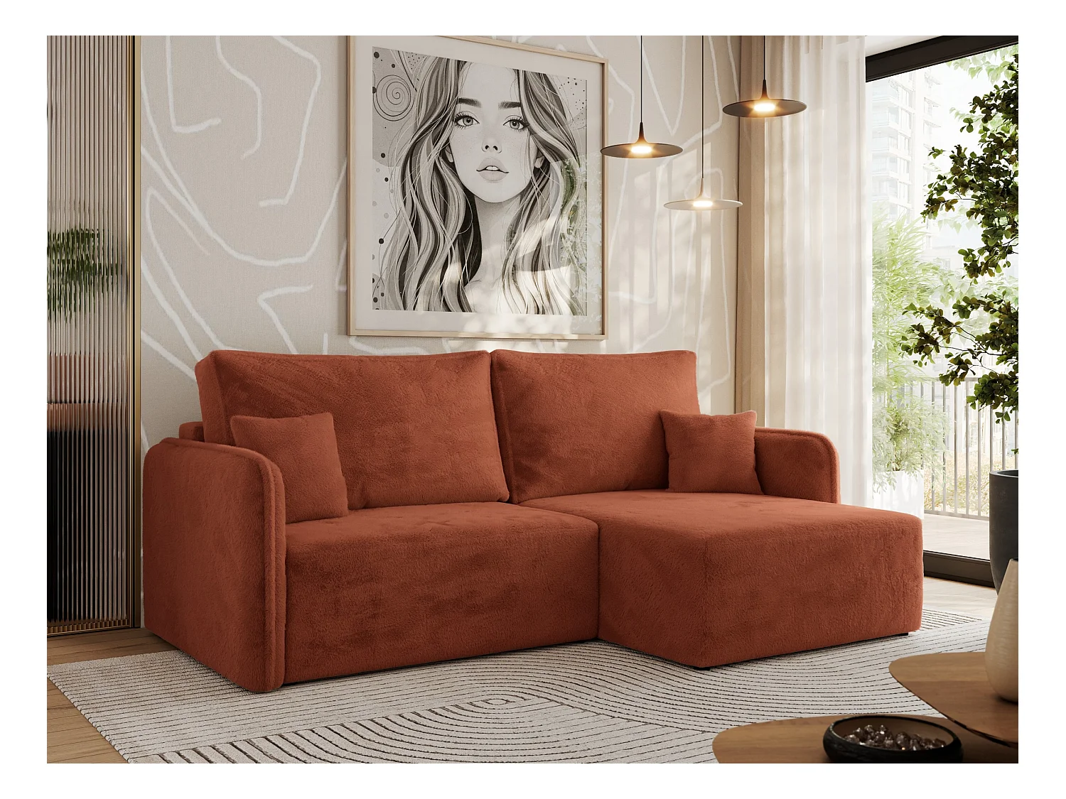 Ecksofa MESTO - Schlaffunktion und Bettkasten, L-form Couch für das Wohnzimmer, Armlehnen - Orange Plüsch - Ecke Rechts
