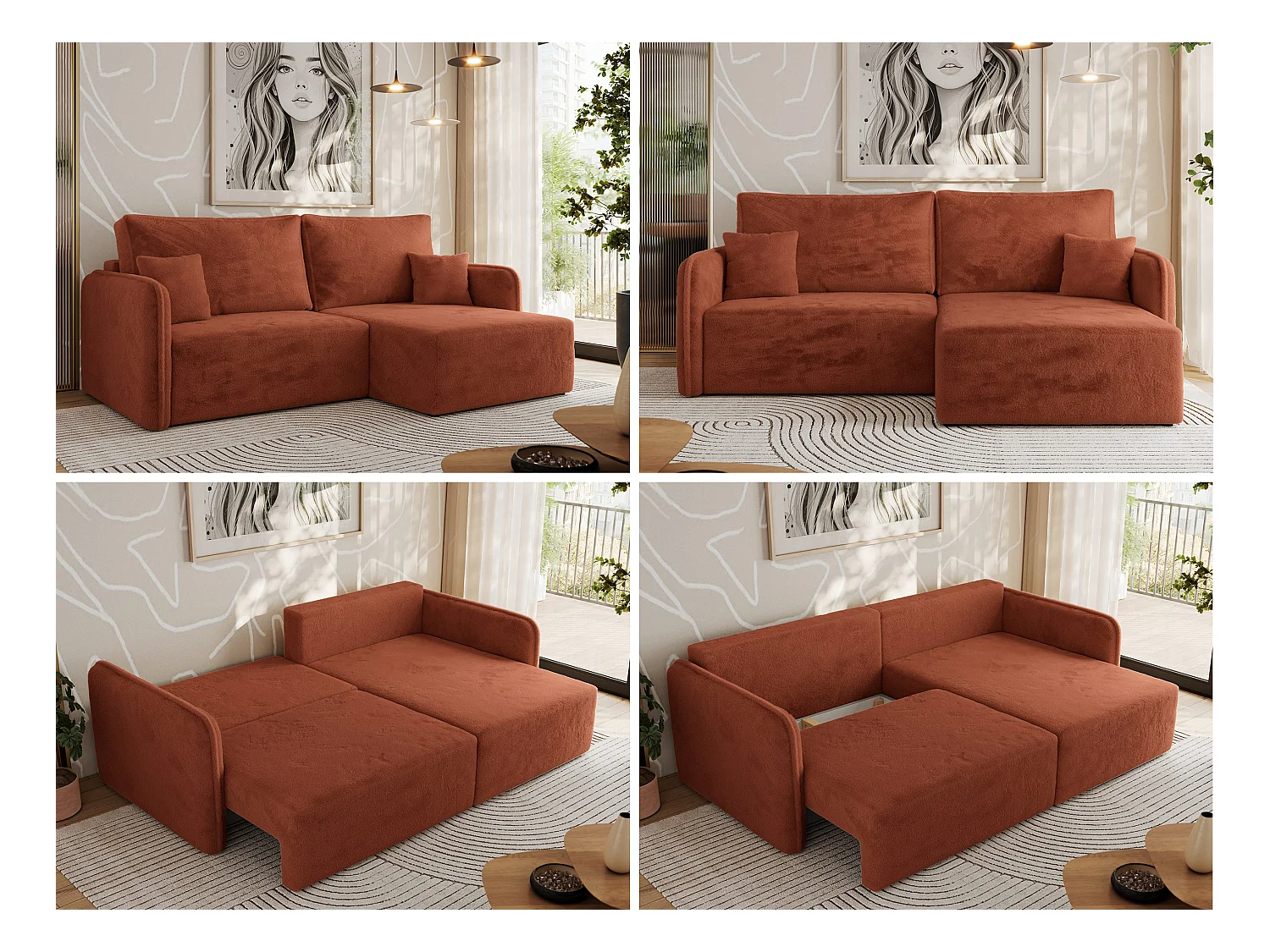 Ecksofa MESTO - Schlaffunktion und Bettkasten, L-form Couch für das Wohnzimmer, Armlehnen - Orange Plüsch - Ecke Rechts