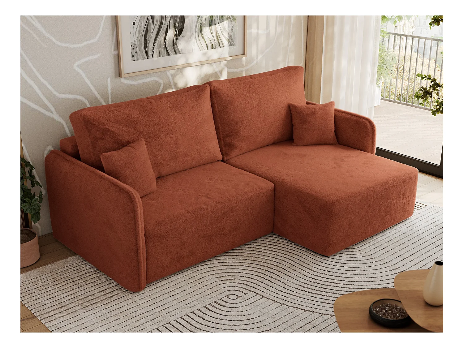 Ecksofa MESTO - Schlaffunktion und Bettkasten, L-form Couch für das Wohnzimmer, Armlehnen - Orange Plüsch - Ecke Rechts