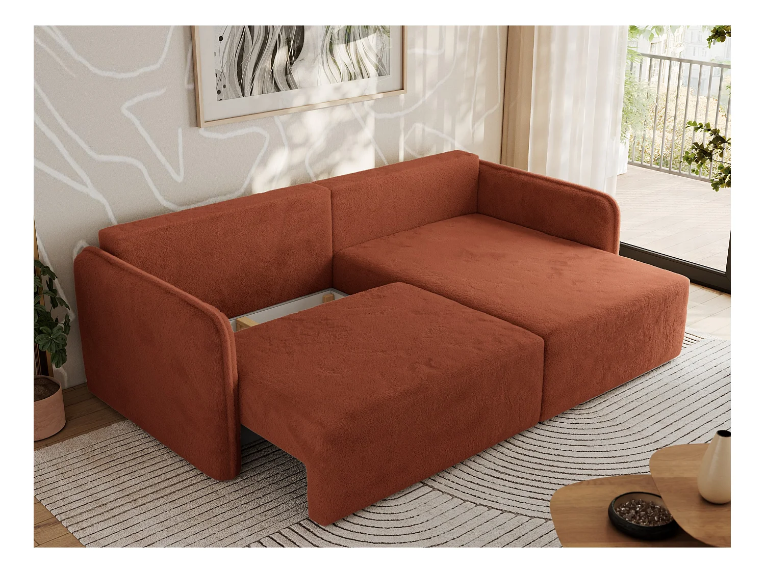 Ecksofa MESTO - Schlaffunktion und Bettkasten, L-form Couch für das Wohnzimmer, Armlehnen - Orange Plüsch - Ecke Rechts