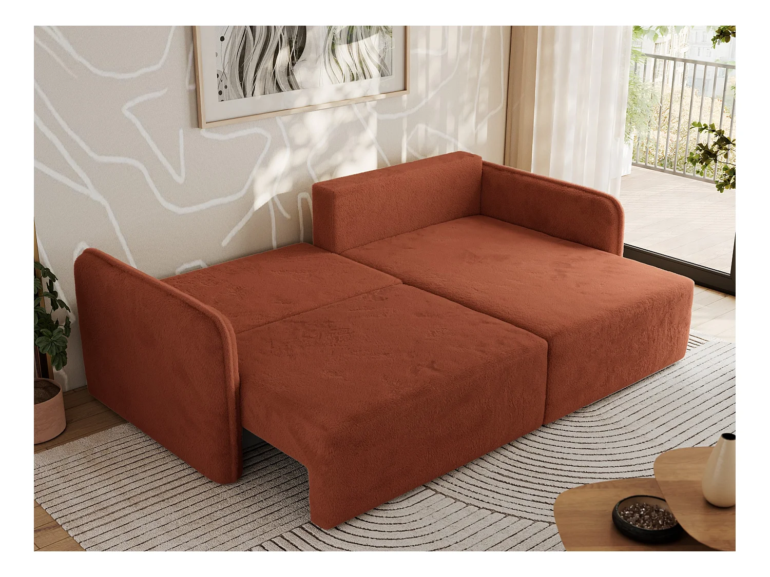 Ecksofa MESTO - Schlaffunktion und Bettkasten, L-form Couch für das Wohnzimmer, Armlehnen - Orange Plüsch - Ecke Rechts