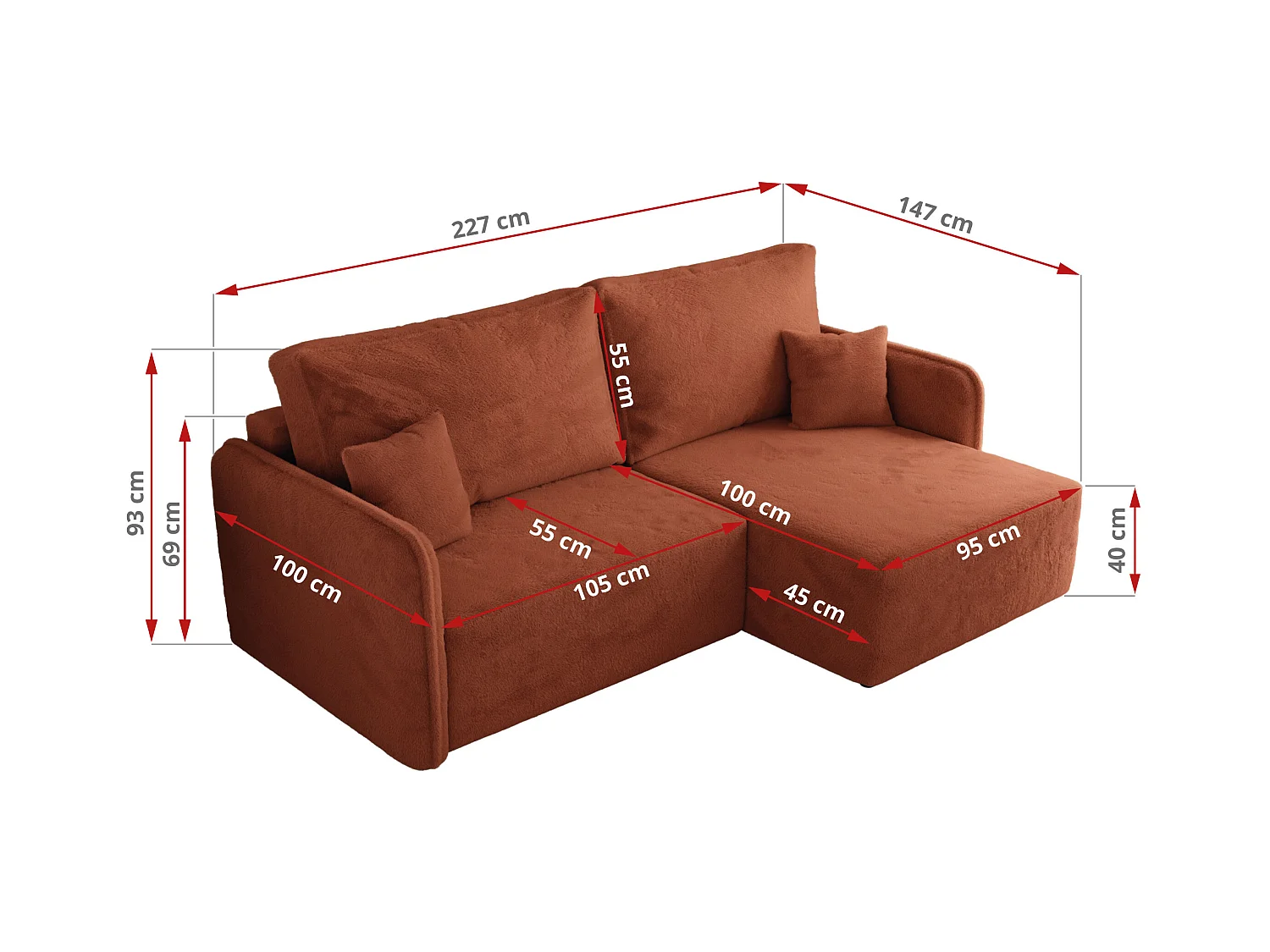 Ecksofa MESTO - Schlaffunktion und Bettkasten, L-form Couch für das Wohnzimmer, Armlehnen - Orange Plüsch - Ecke Rechts