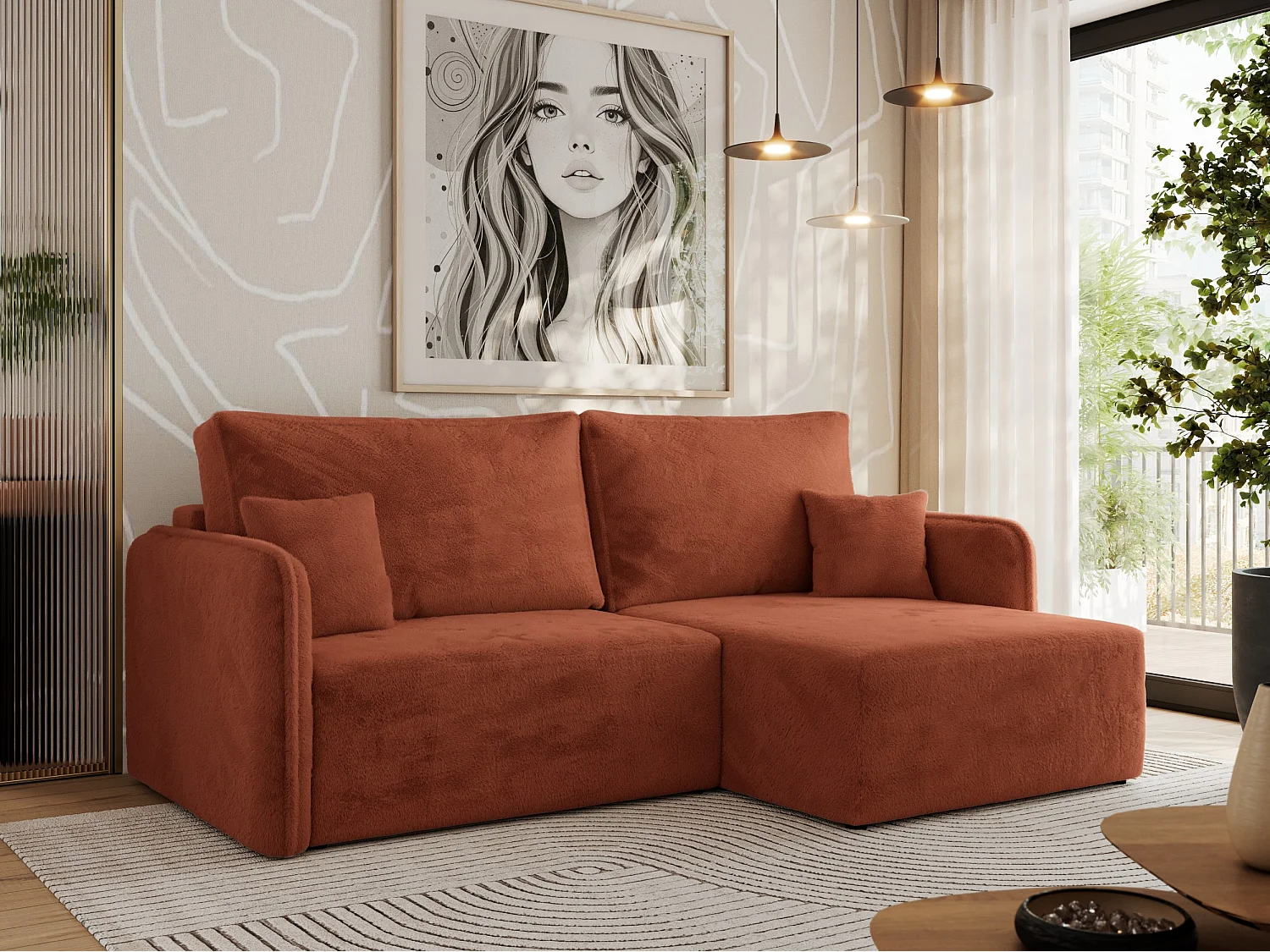 Ecksofa MESTO - Schlaffunktion und Bettkasten, L-form Couch für das Wohnzimmer, Armlehnen - Orange Plüsch - Ecke Rechts