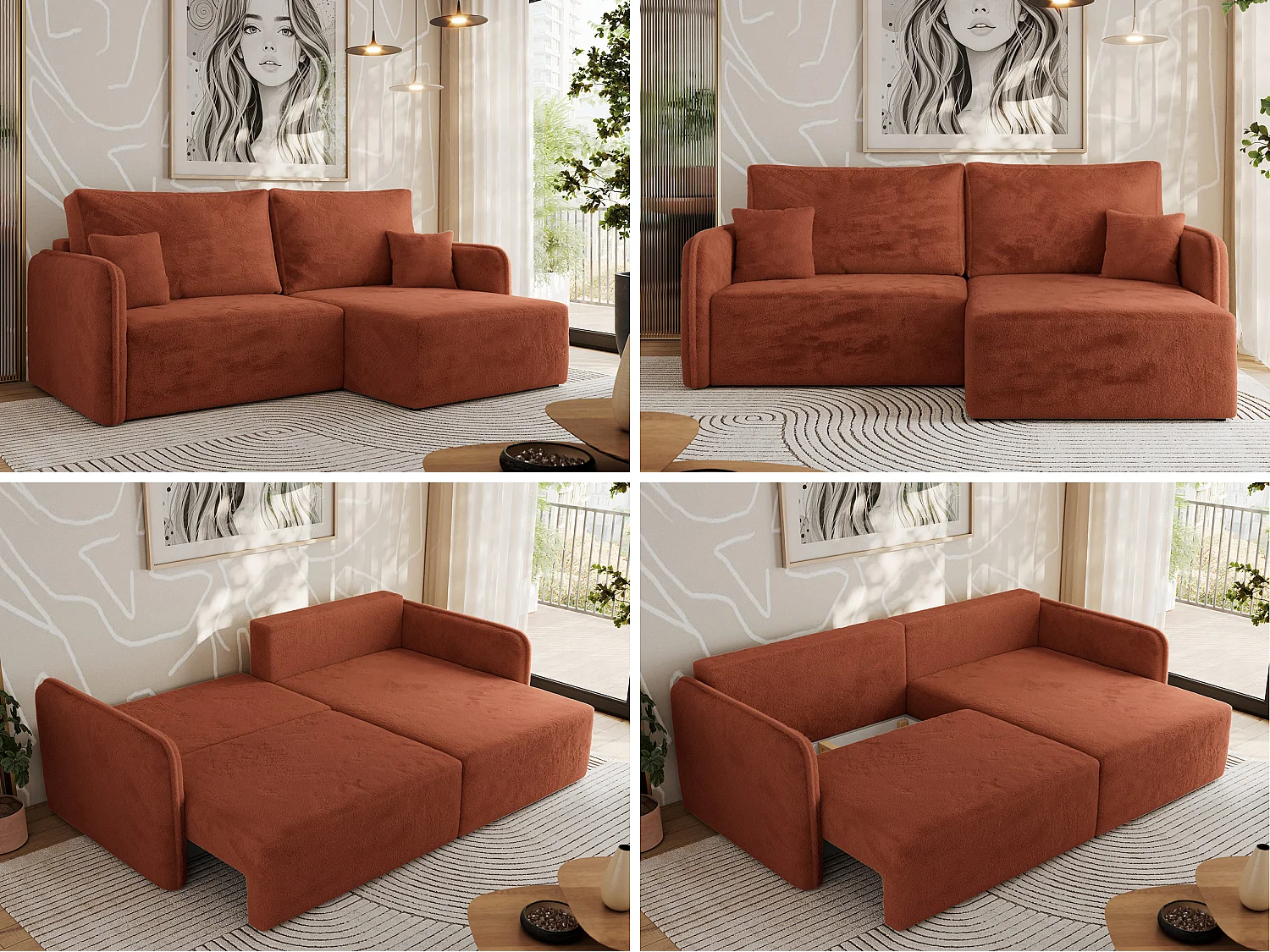 Ecksofa MESTO - Schlaffunktion und Bettkasten, L-form Couch für das Wohnzimmer, Armlehnen - Orange Plüsch - Ecke Rechts