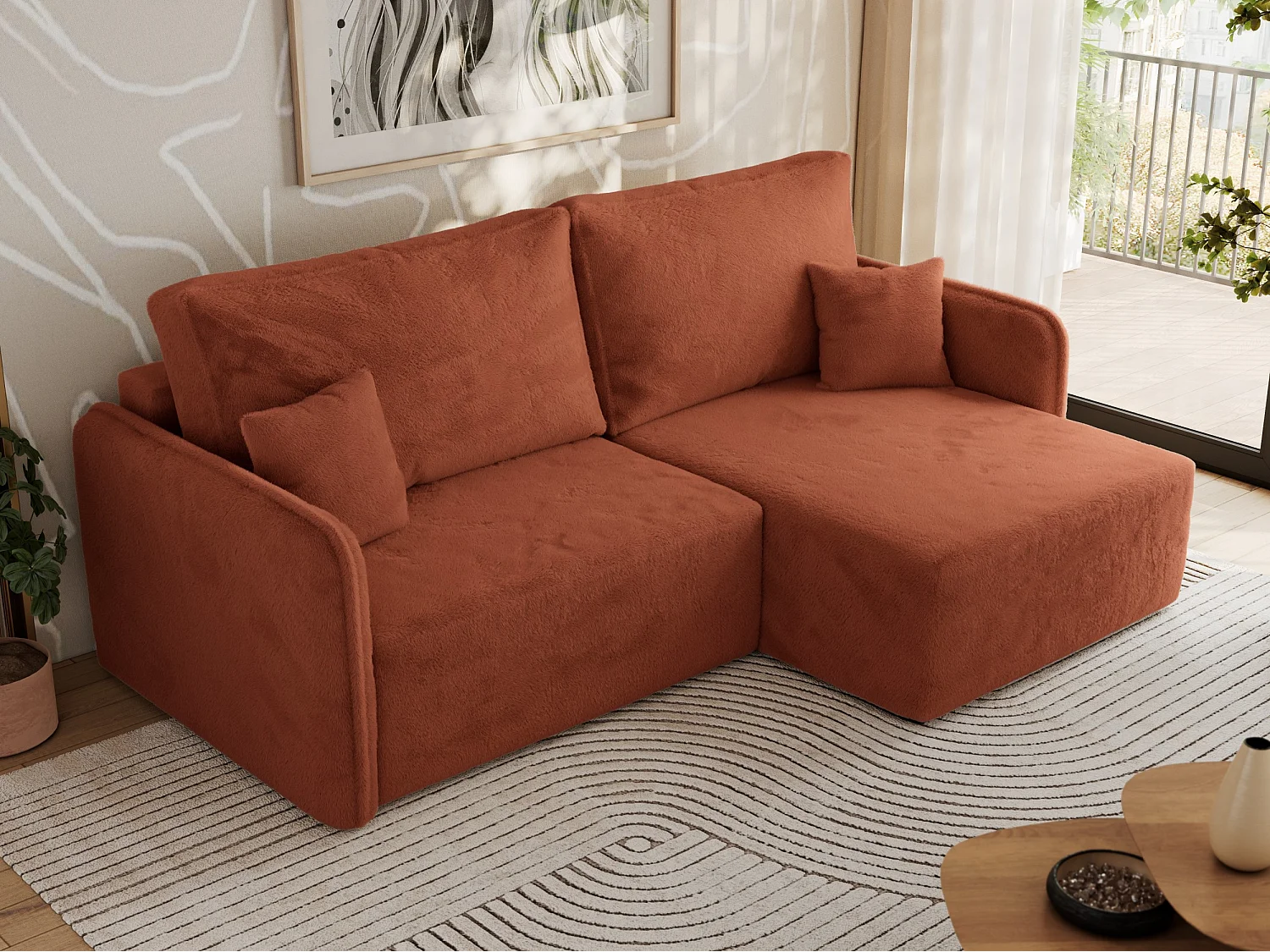 Ecksofa MESTO - Schlaffunktion und Bettkasten, L-form Couch für das Wohnzimmer, Armlehnen - Orange Plüsch - Ecke Rechts