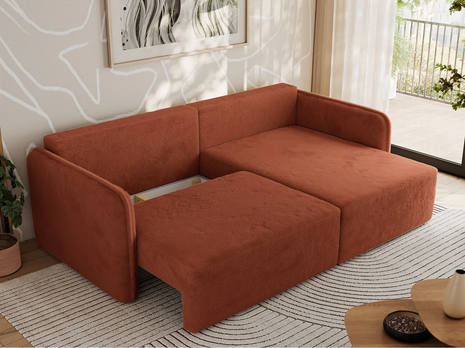 Ecksofa MESTO - Schlaffunktion und Bettkasten, L-form Couch für das Wohnzimmer, Armlehnen - Orange Plüsch - Ecke Rechts
